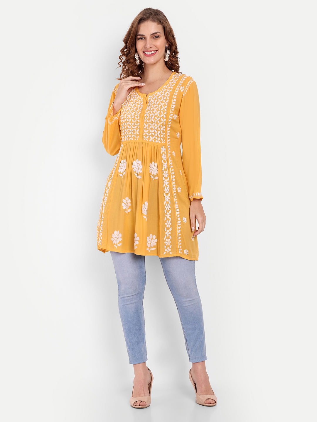 Lucknow Chikankari Hand Embroidered Peplum Fit and Flared Top Short Kurta