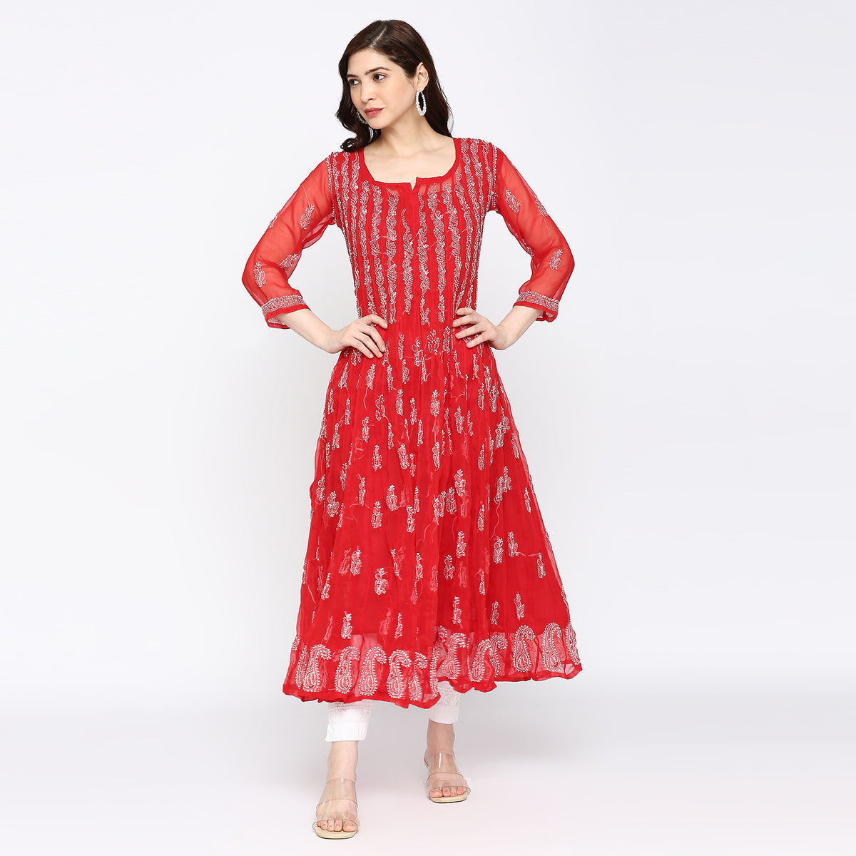 Lucknow Chikankari Hand embroidered 56Kali  Anarkali Kurta