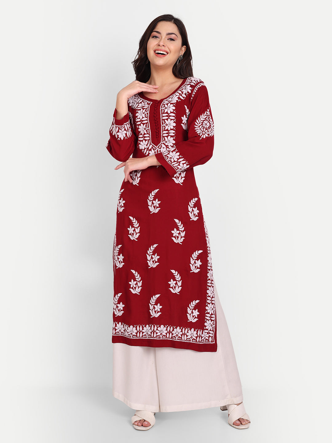 Lucknow Chikankari Hand Embroidered Long kurta for Women  Modal Cotton