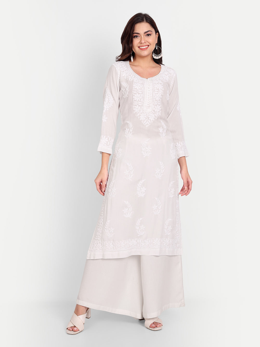 Lucknow Chikankari Hand Embroidered Long kurta for Women  Modal Cotton