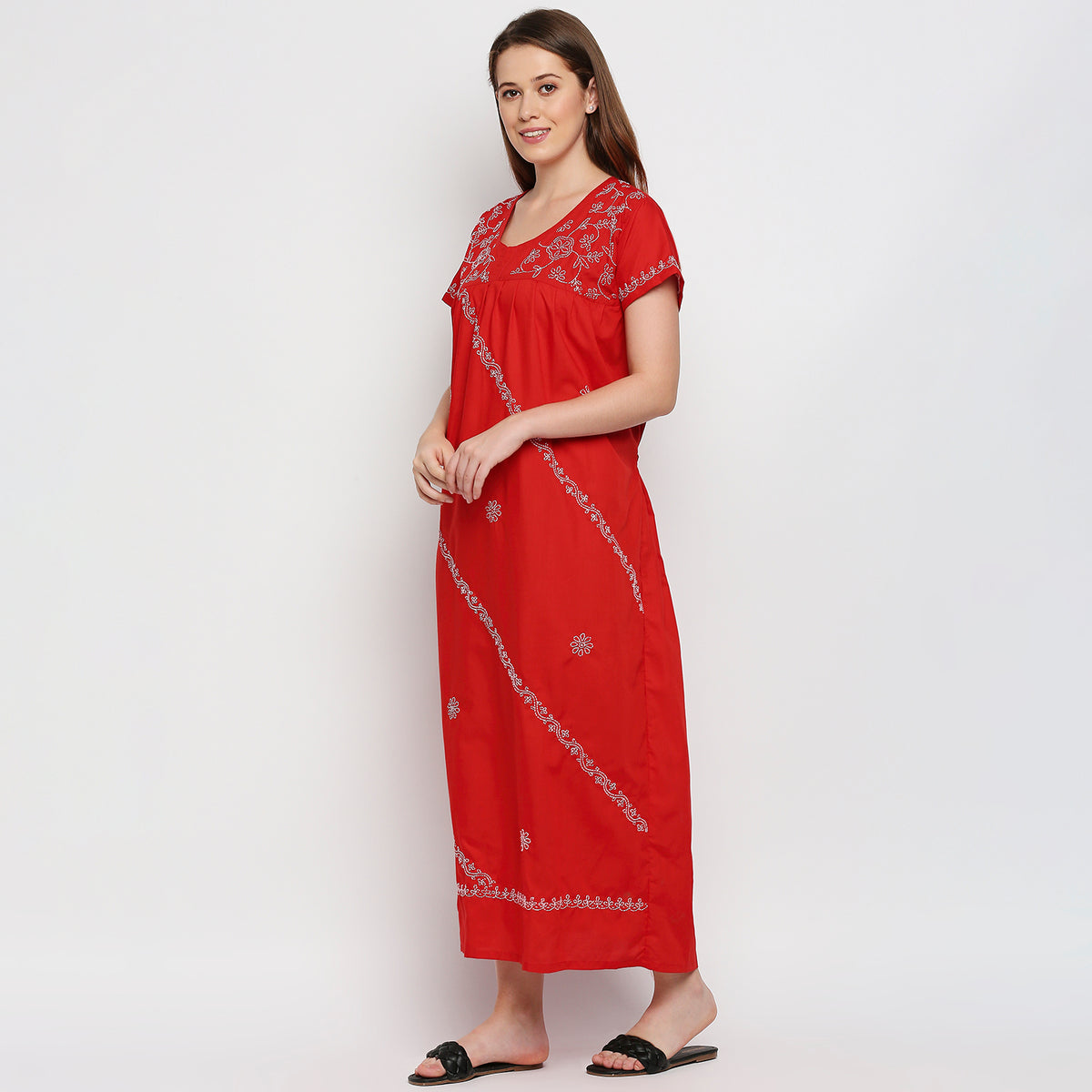 Lucknow Chikankari Handcrafted Night Gown Nighty for Women , Cotton Red