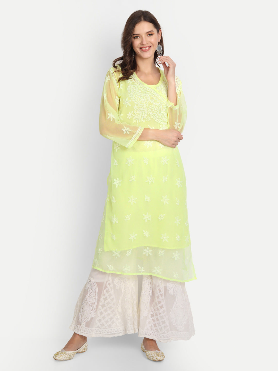 Lucknow Chikankari Hand Embroidered Long Kurta Set with Sharara and matching Slip