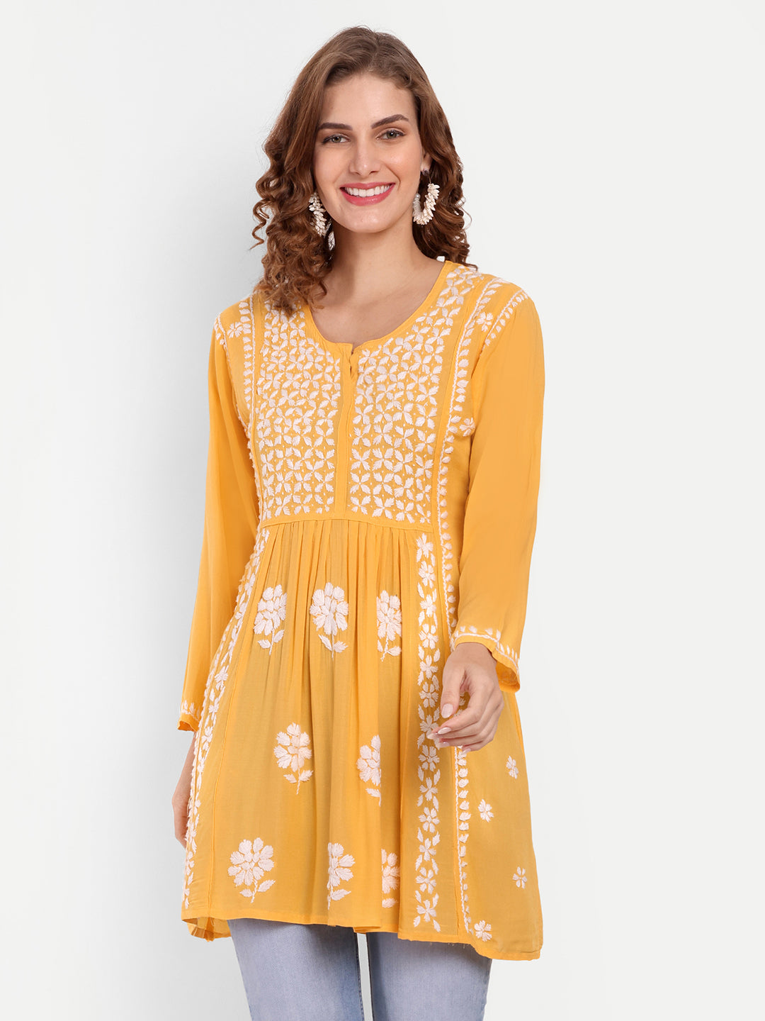 Lucknow Chikankari Hand Embroidered Peplum Fit and Flared Top Short Kurta