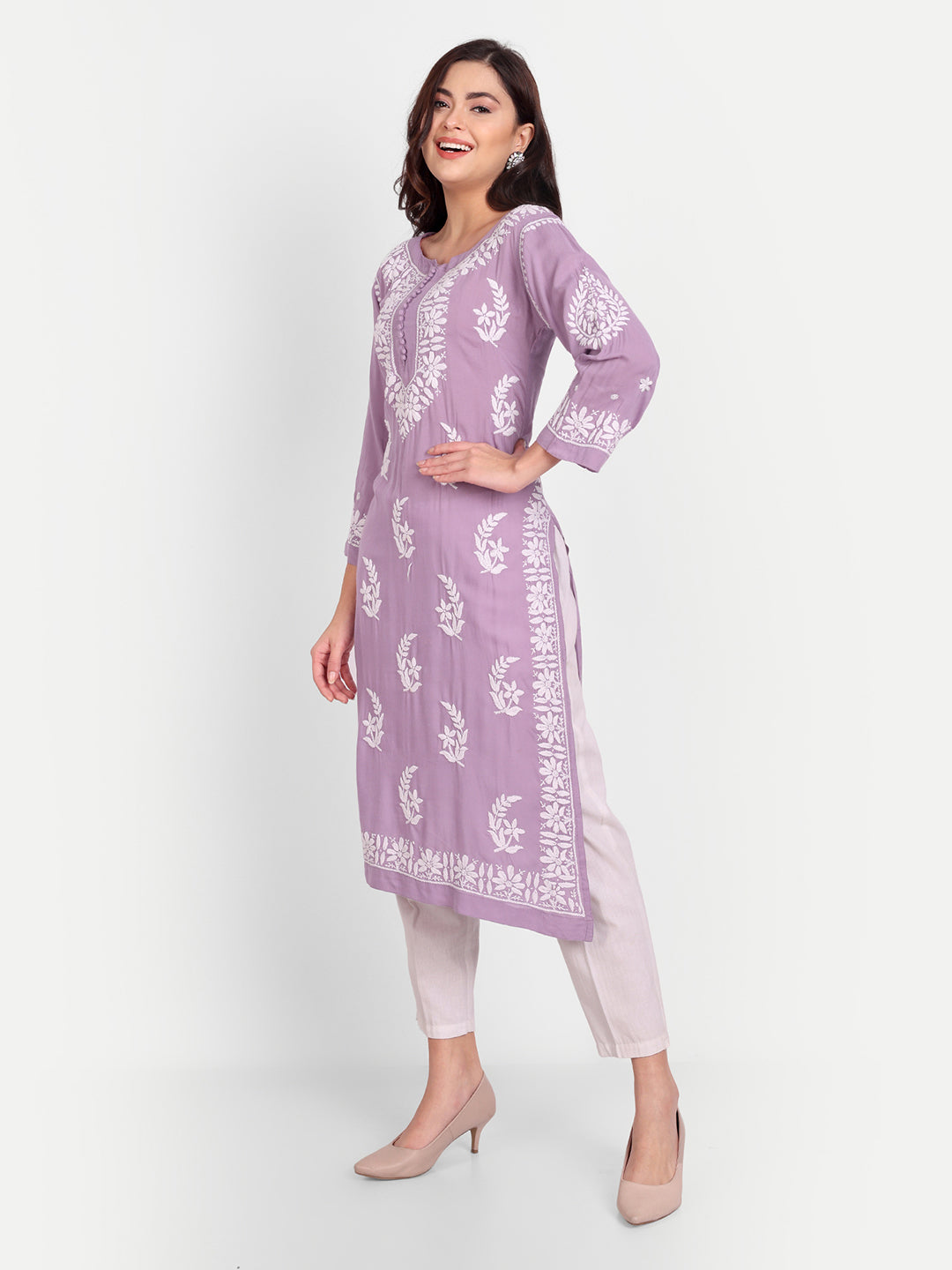 Lucknow Chikankari Hand Embroidered Long kurta for Women  Modal Cotton