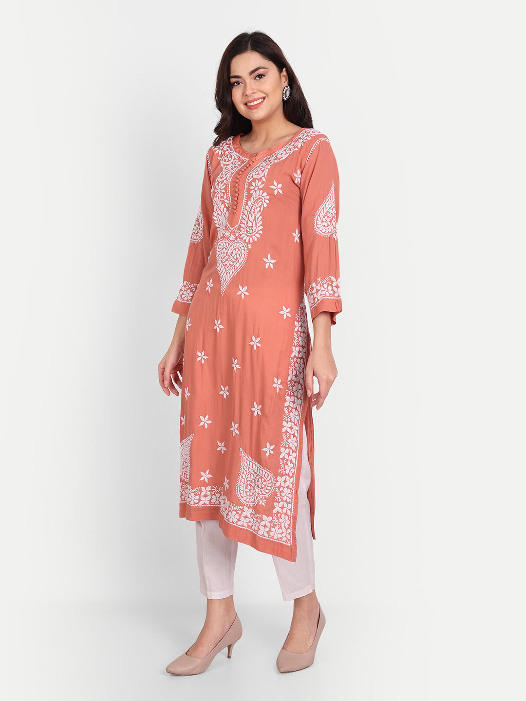 Lucknow Chikankari Hand Embroidered Long kurta for Women  Modal Cotton