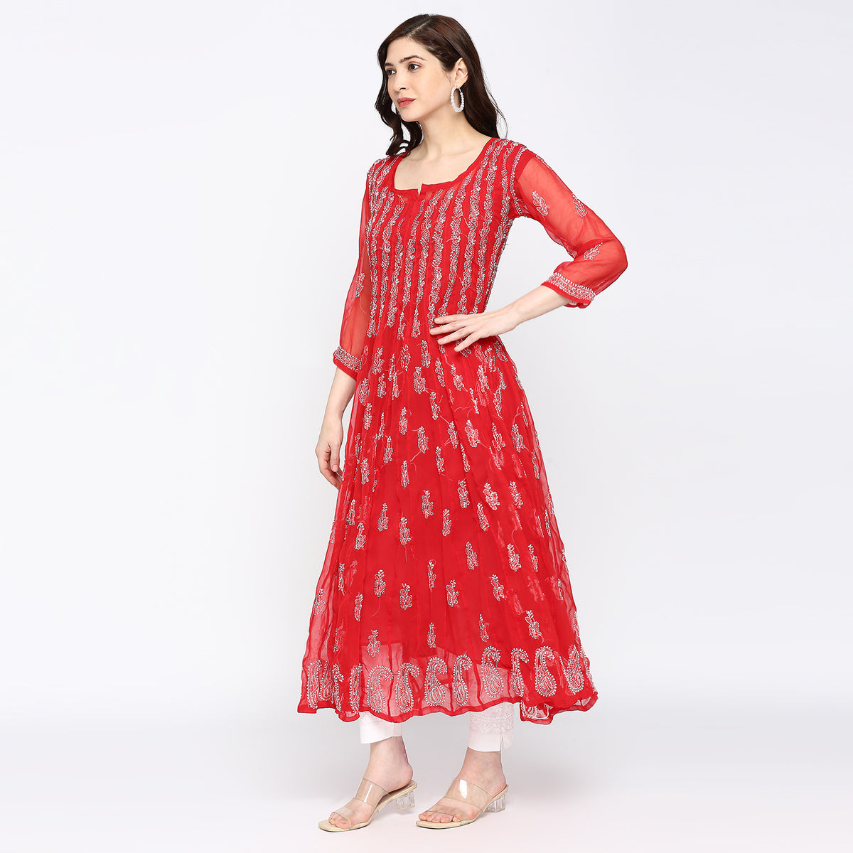 Lucknow Chikankari Hand embroidered 56Kali  Anarkali Kurta