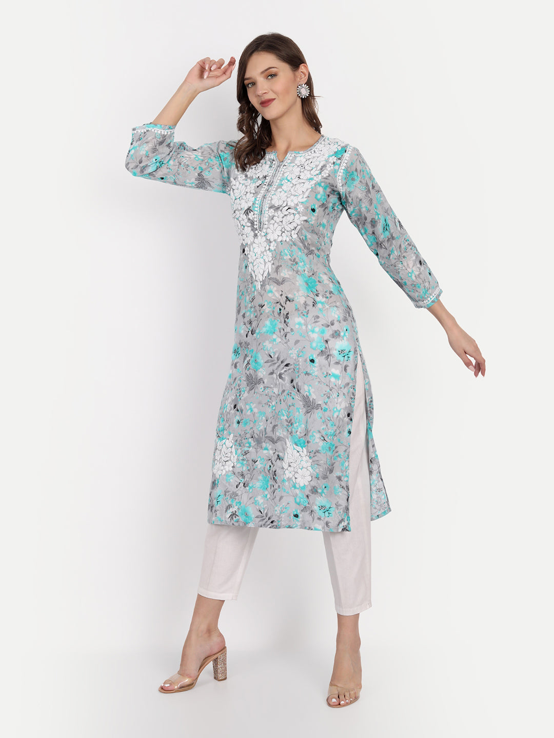 Lucknow Chikankari Hand Embroidered Long Kurta Mulmul