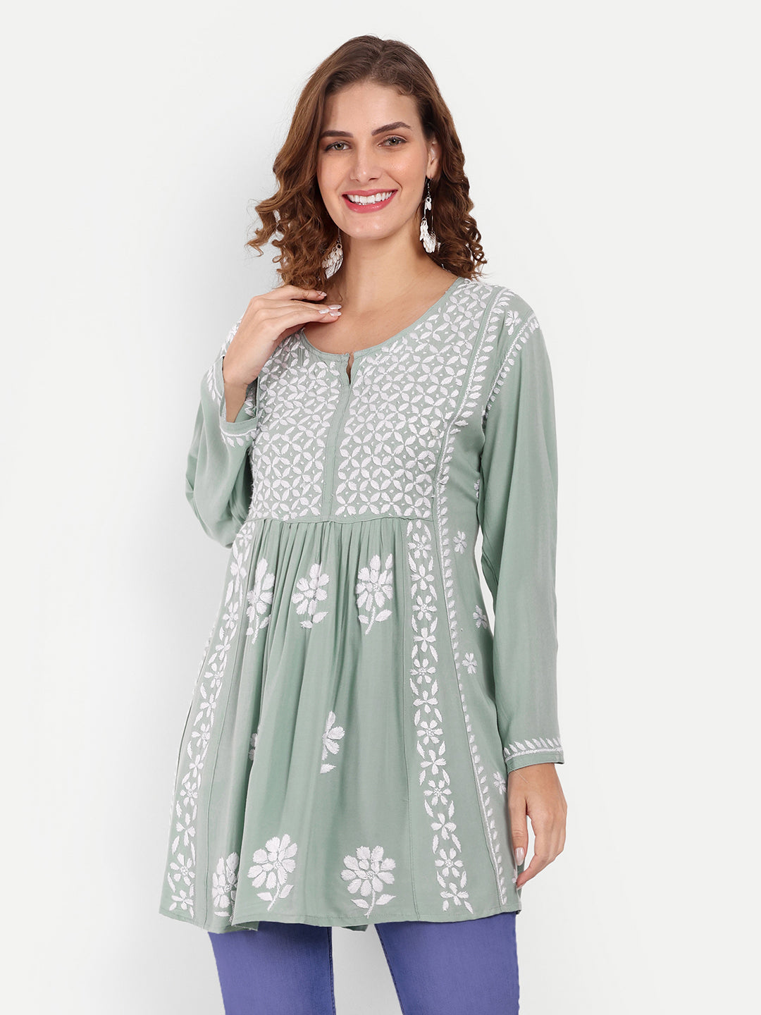 Lucknow Chikankari Hand Embroidered Peplum Fit and Flared Top Short Kurta