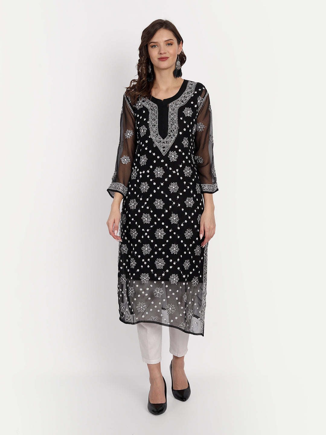 Lucknow Chikankari Hand Embroidered Kurta with Matching Inner, Georgette