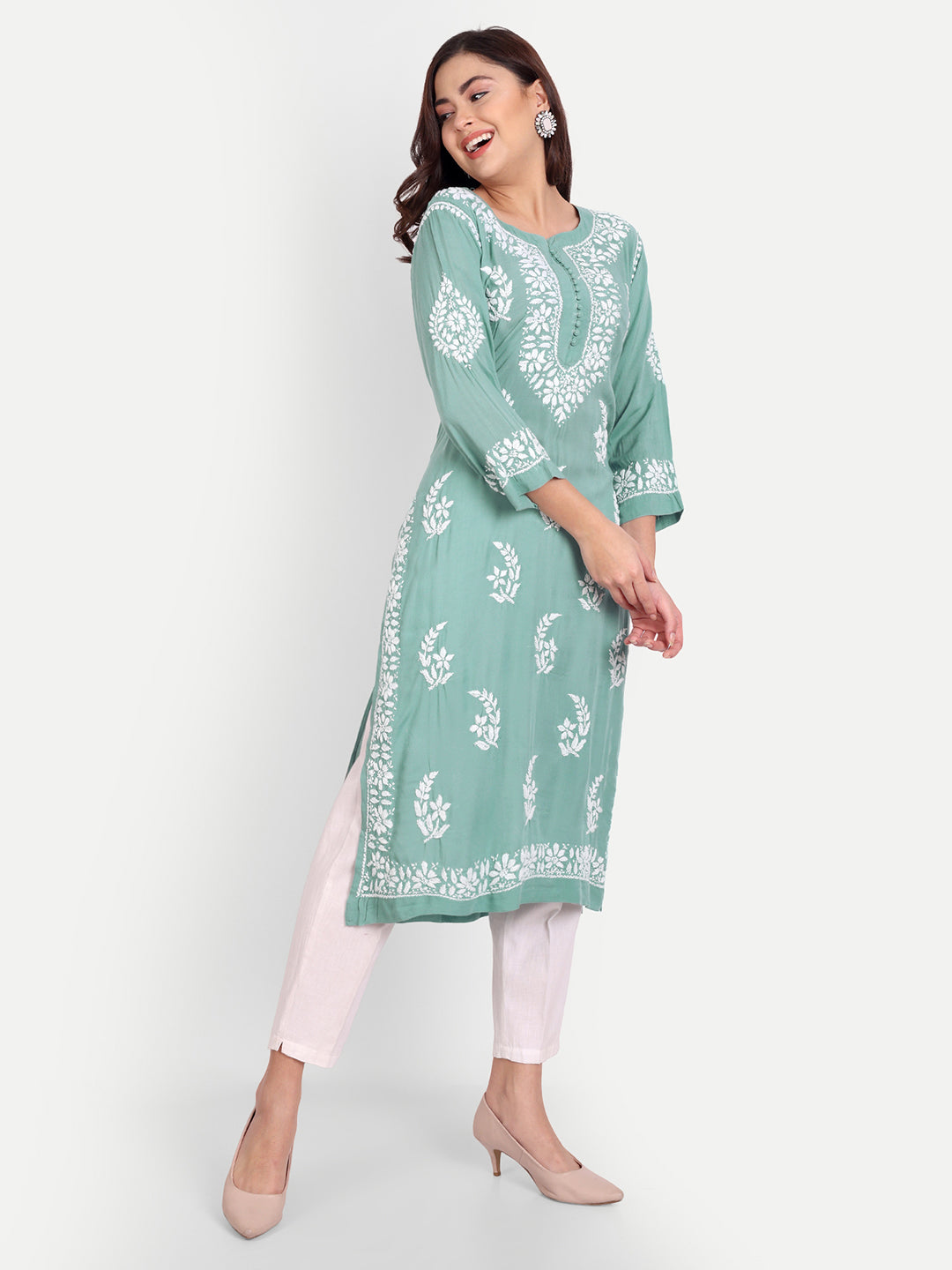 Lucknow Chikankari Hand Embroidered Long kurta for Women  Modal Cotton