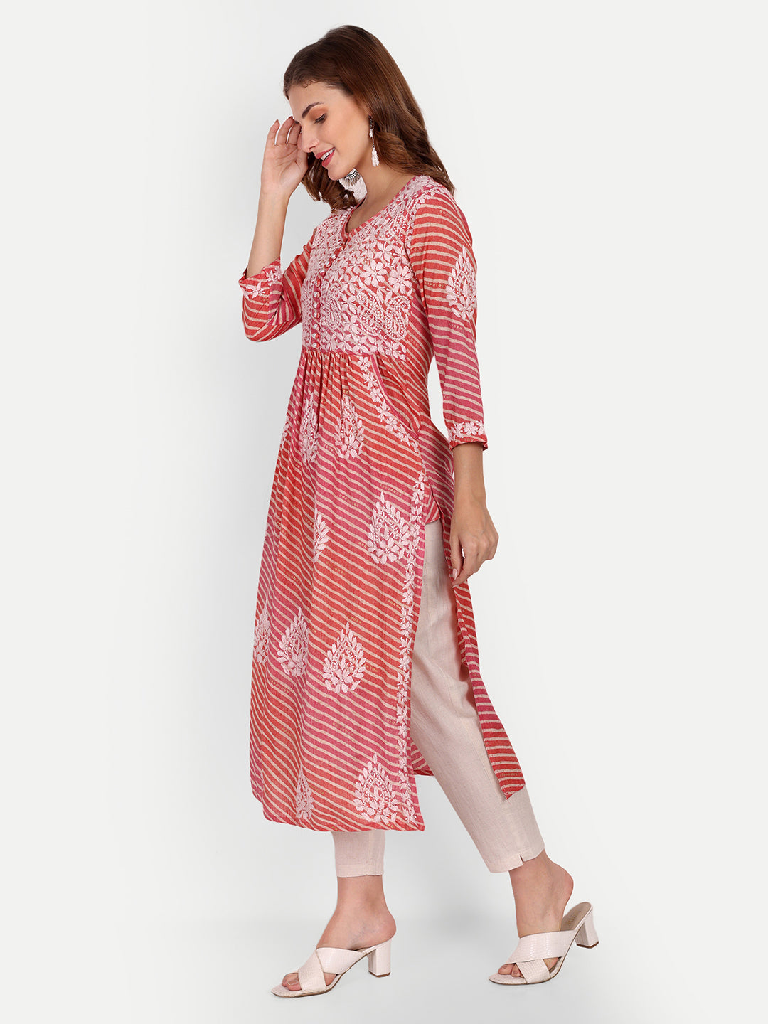 Lucknow Chikankari Hand Embroidered Leheriya Nyra cut Kurta