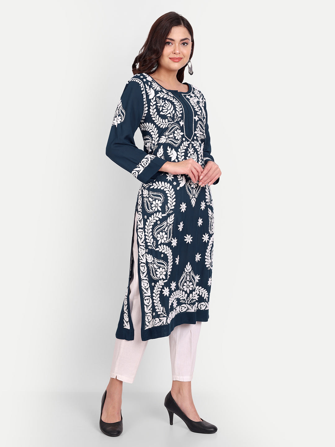 Lucknow Chikankari Hand Embroidered Long kurta  Modal Cotton