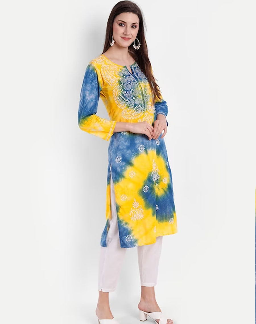 Lucknowi Chikankari Hand Embroidered Tie Dye Long Kurta