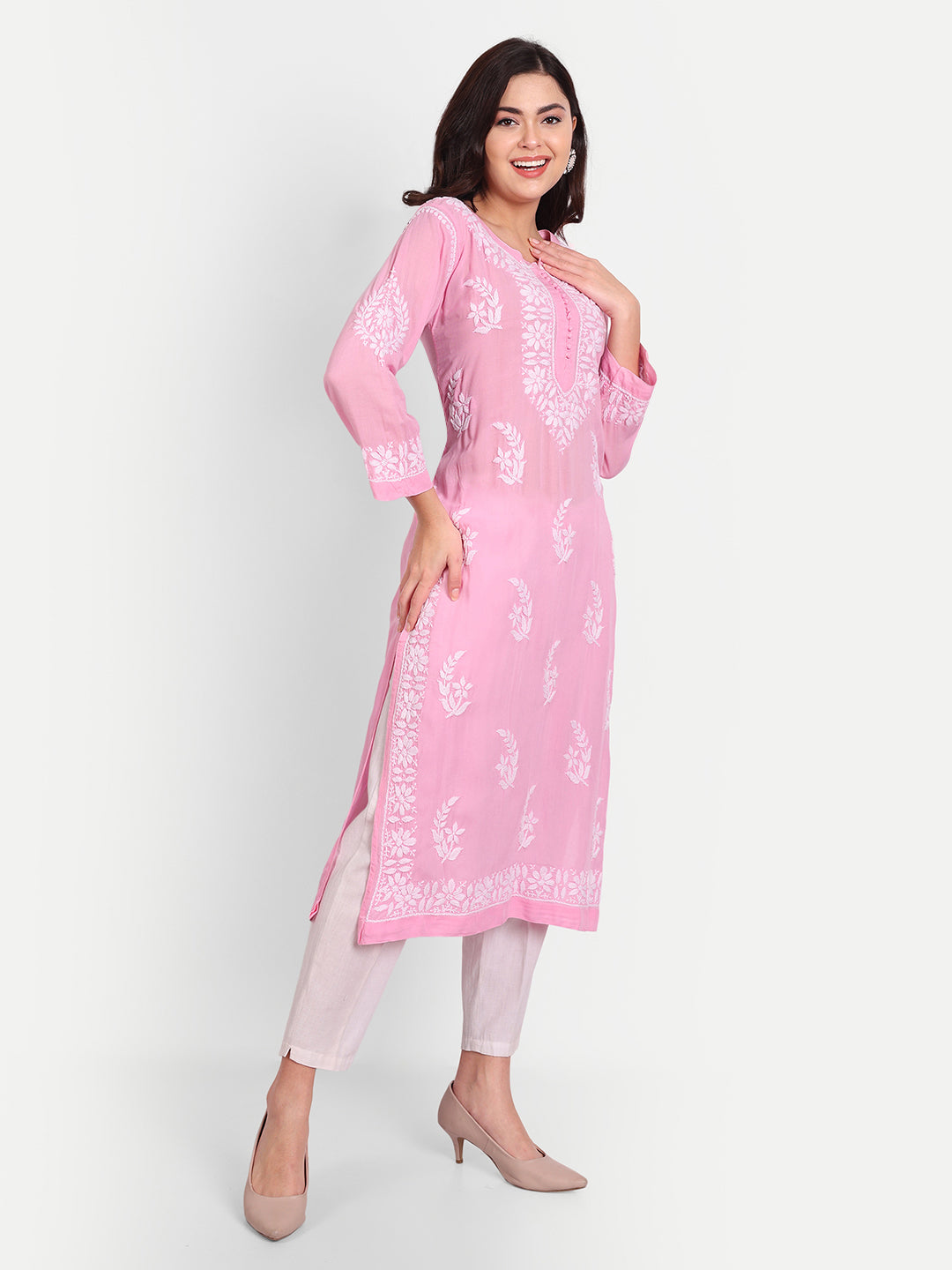 Lucknow Chikankari Hand Embroidered Long kurta for Women  Modal Cotton