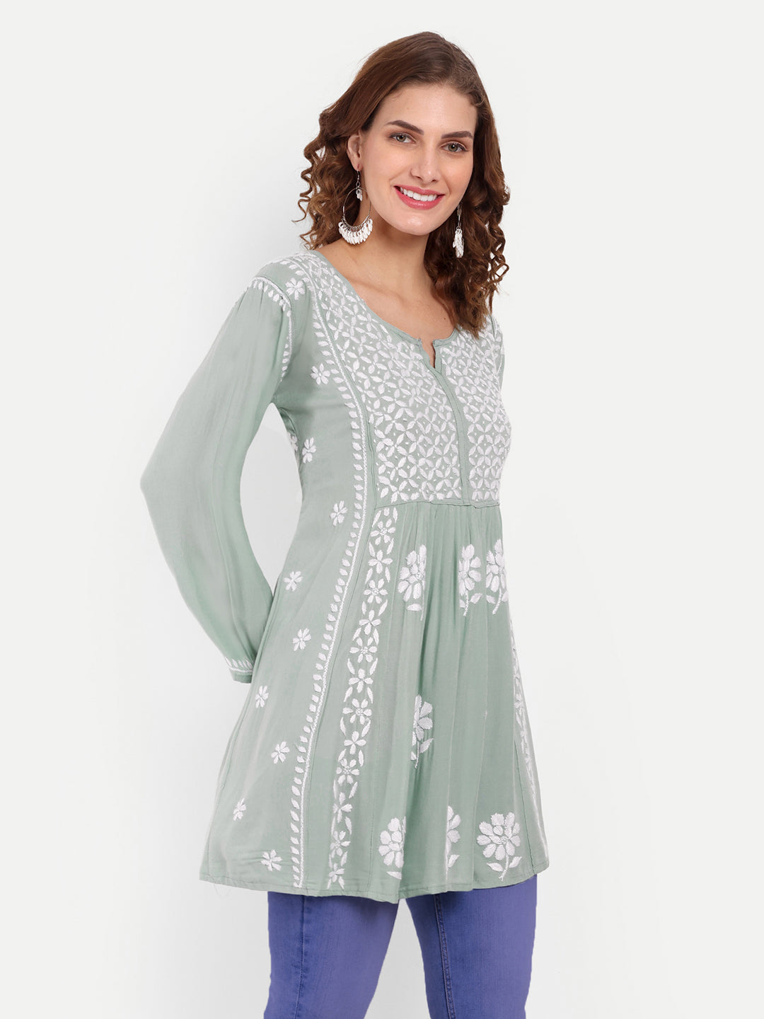 Lucknow Chikankari Hand Embroidered Peplum Fit and Flared Top Short Kurta