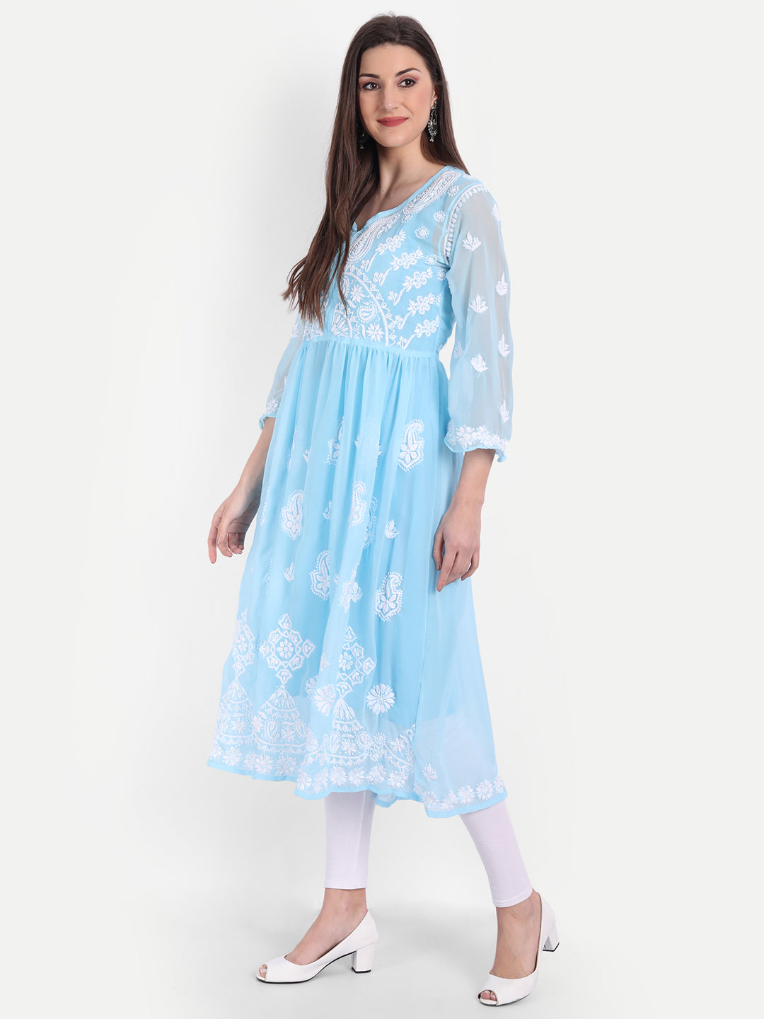 Lucknow Chikankari Hand Embroidered Fit & Flare Kurti with Matching Inner, Georgette