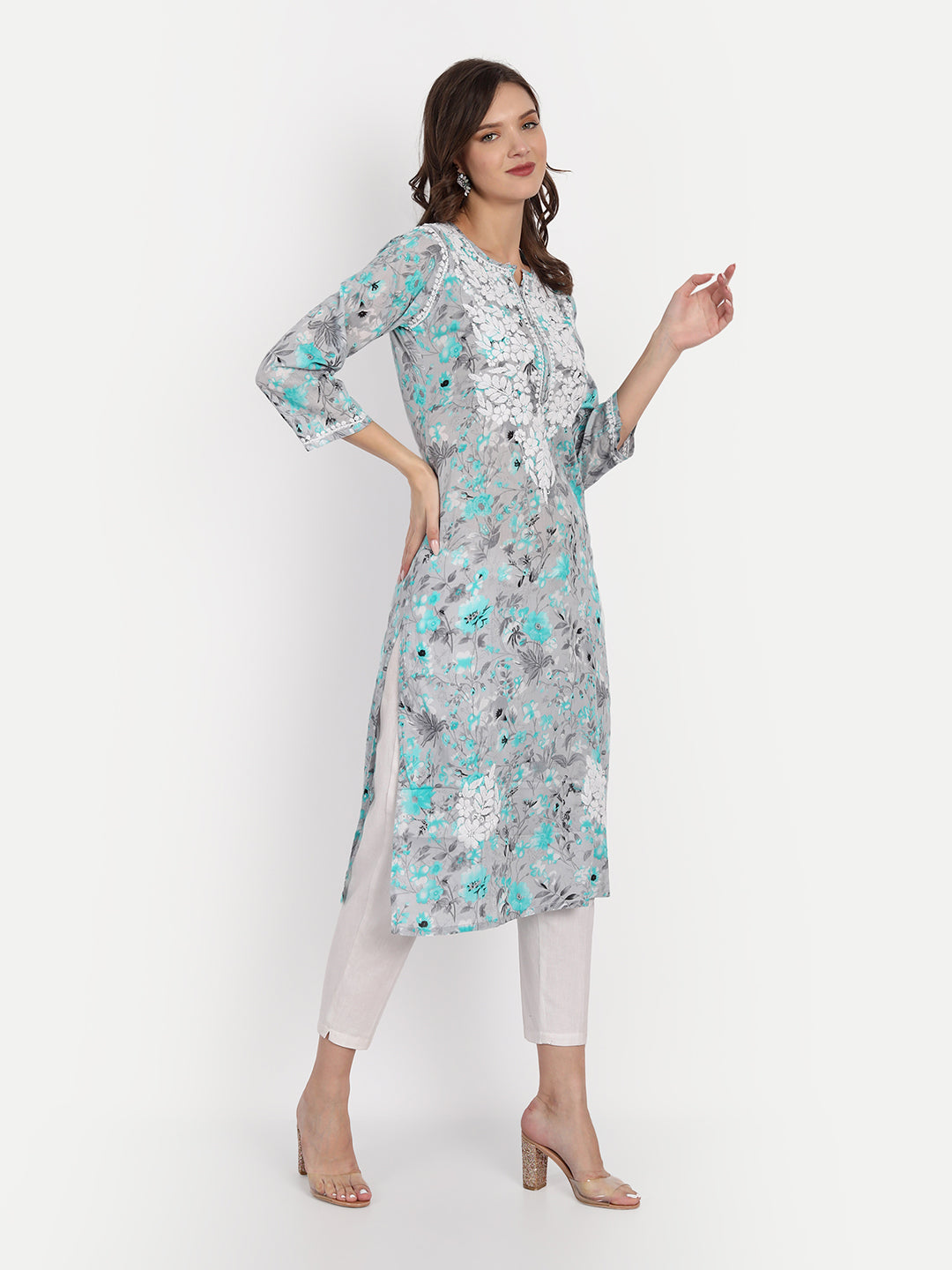 Lucknow Chikankari Hand Embroidered Long Kurta Mulmul