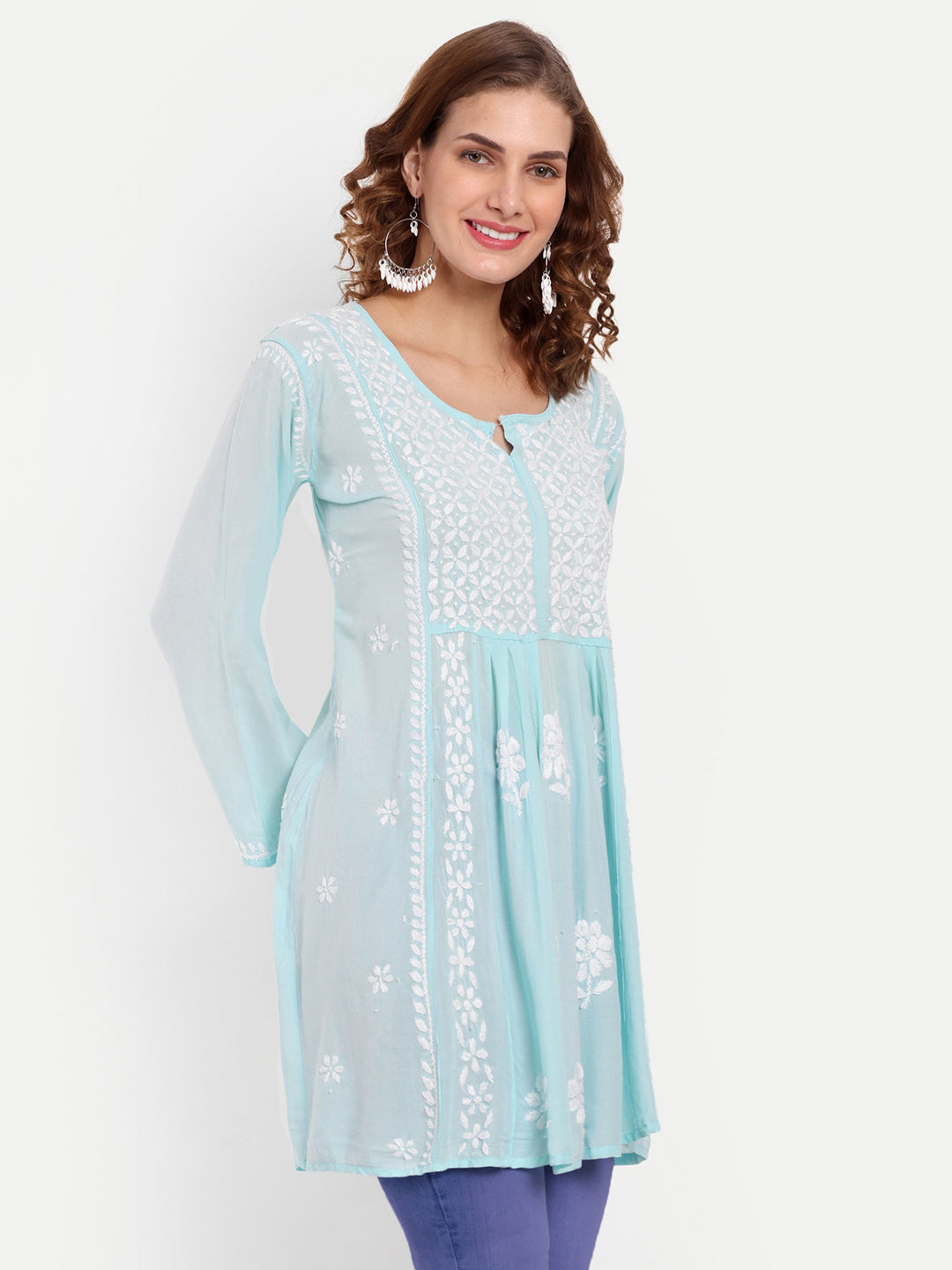 Lucknow Chikankari Hand Embroidered Peplum Fit and Flared Top Short Kurta