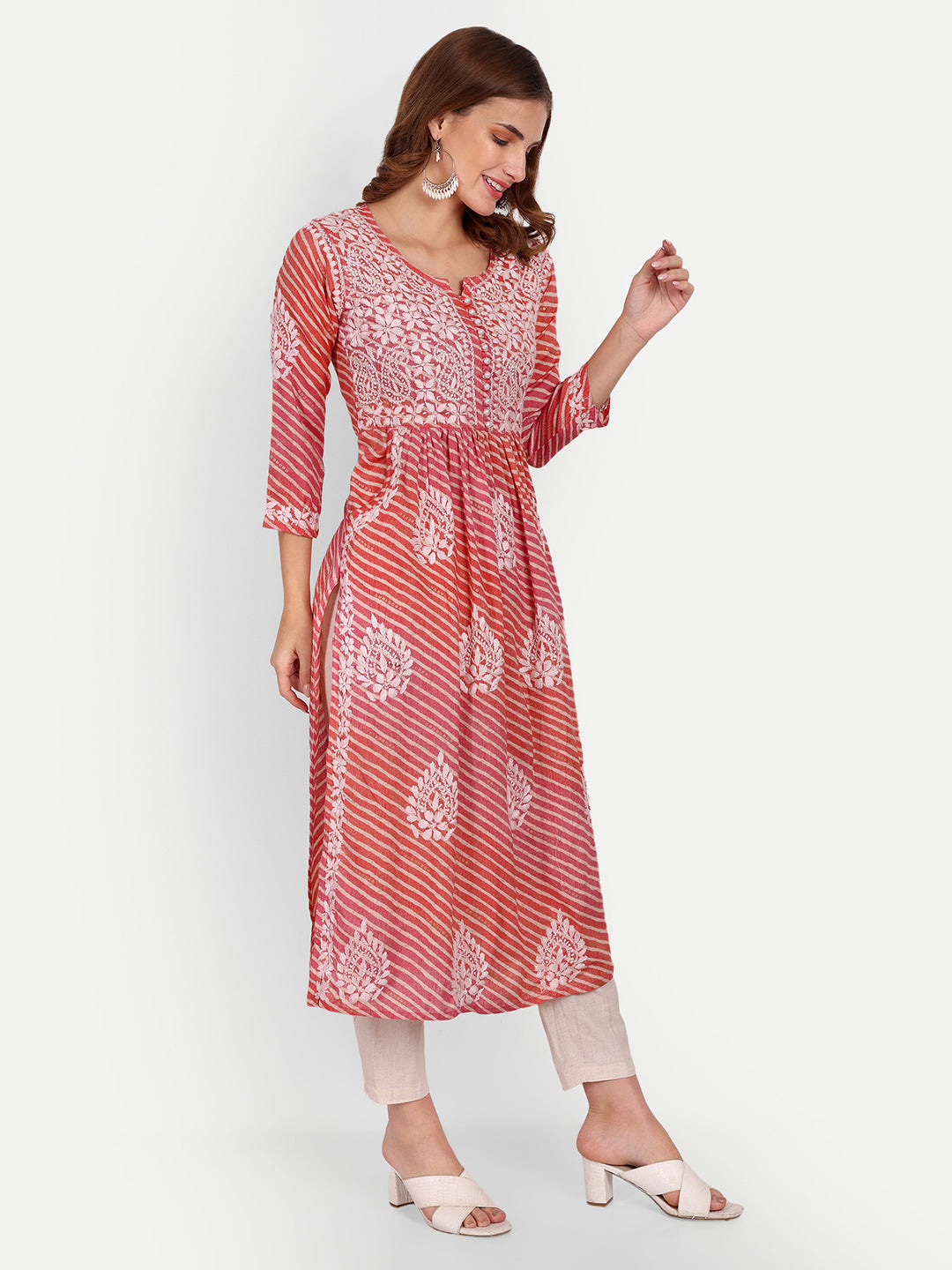 Lucknow Chikankari Hand Embroidered Leheriya Nyra cut Kurta