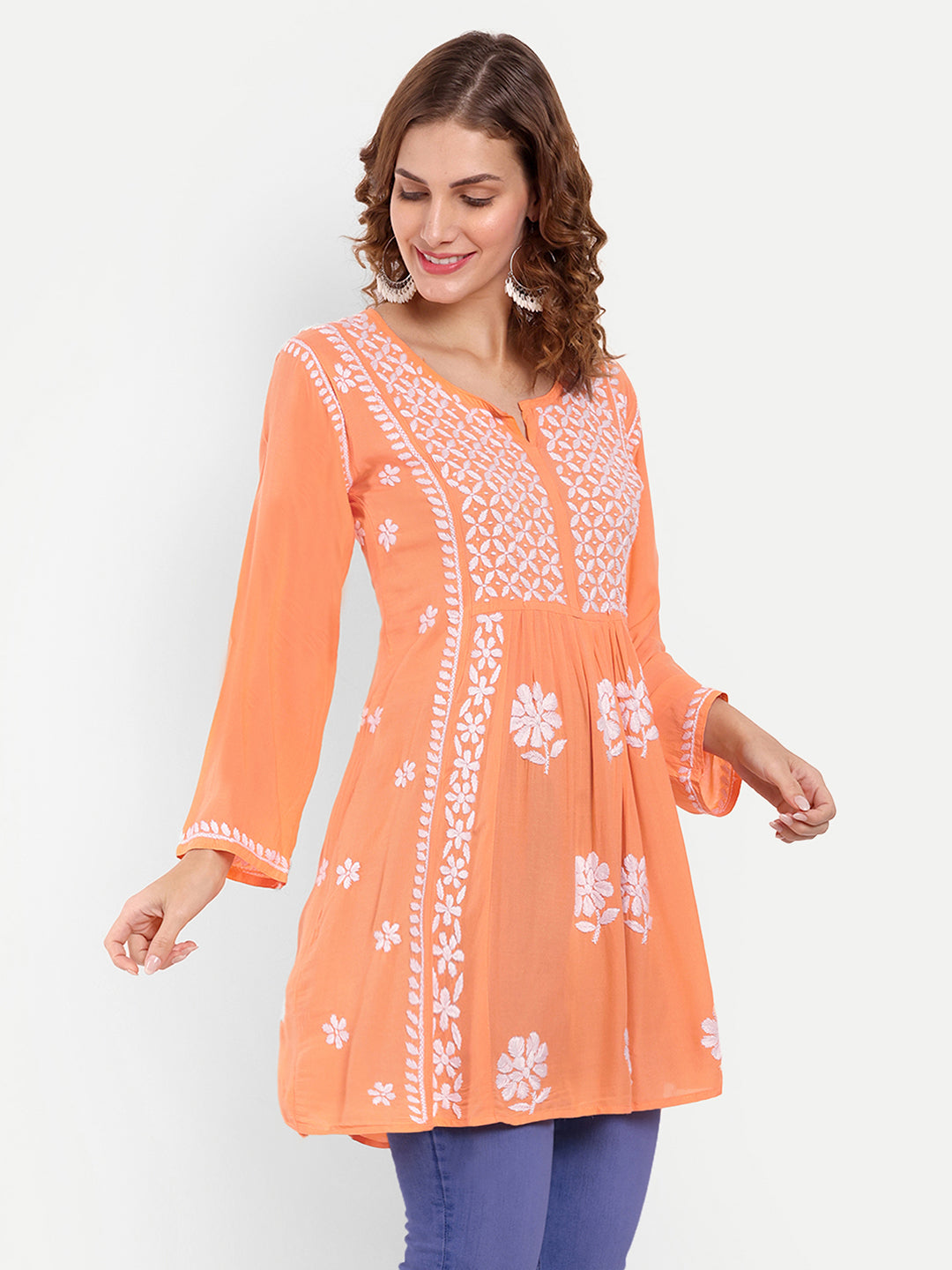 Lucknow Chikankari Hand Embroidered Peplum Fit and Flared Top Short Kurta