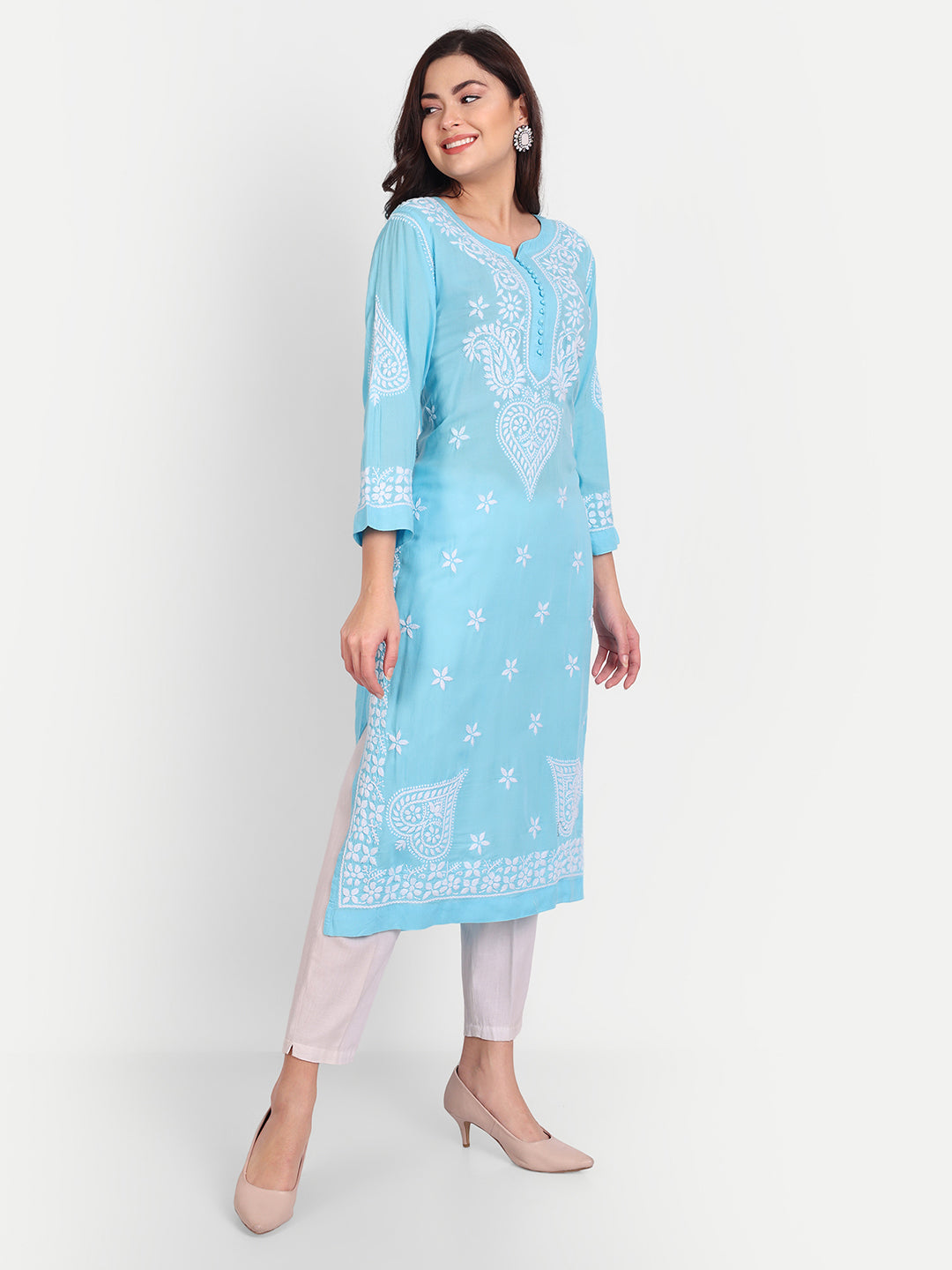 Lucknow Chikankari Hand Embroidered Long kurta for Women  Modal Cotton