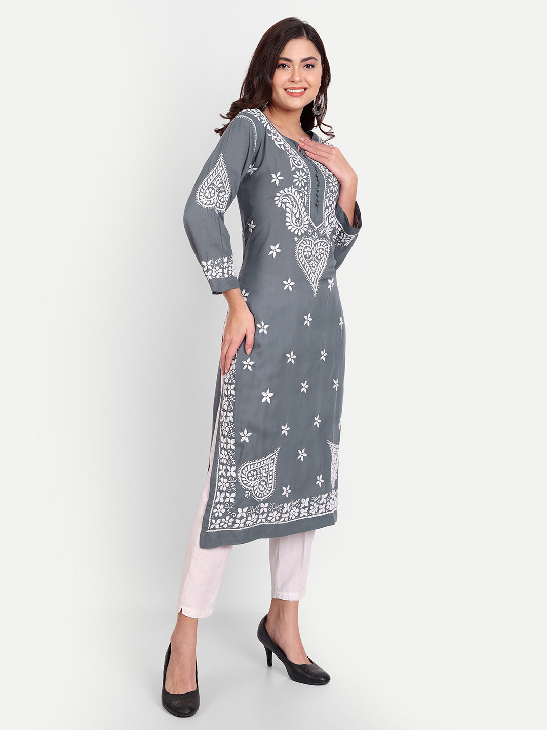 Lucknow Chikankari Hand Embroidered Long kurta for Women  Modal Cotton