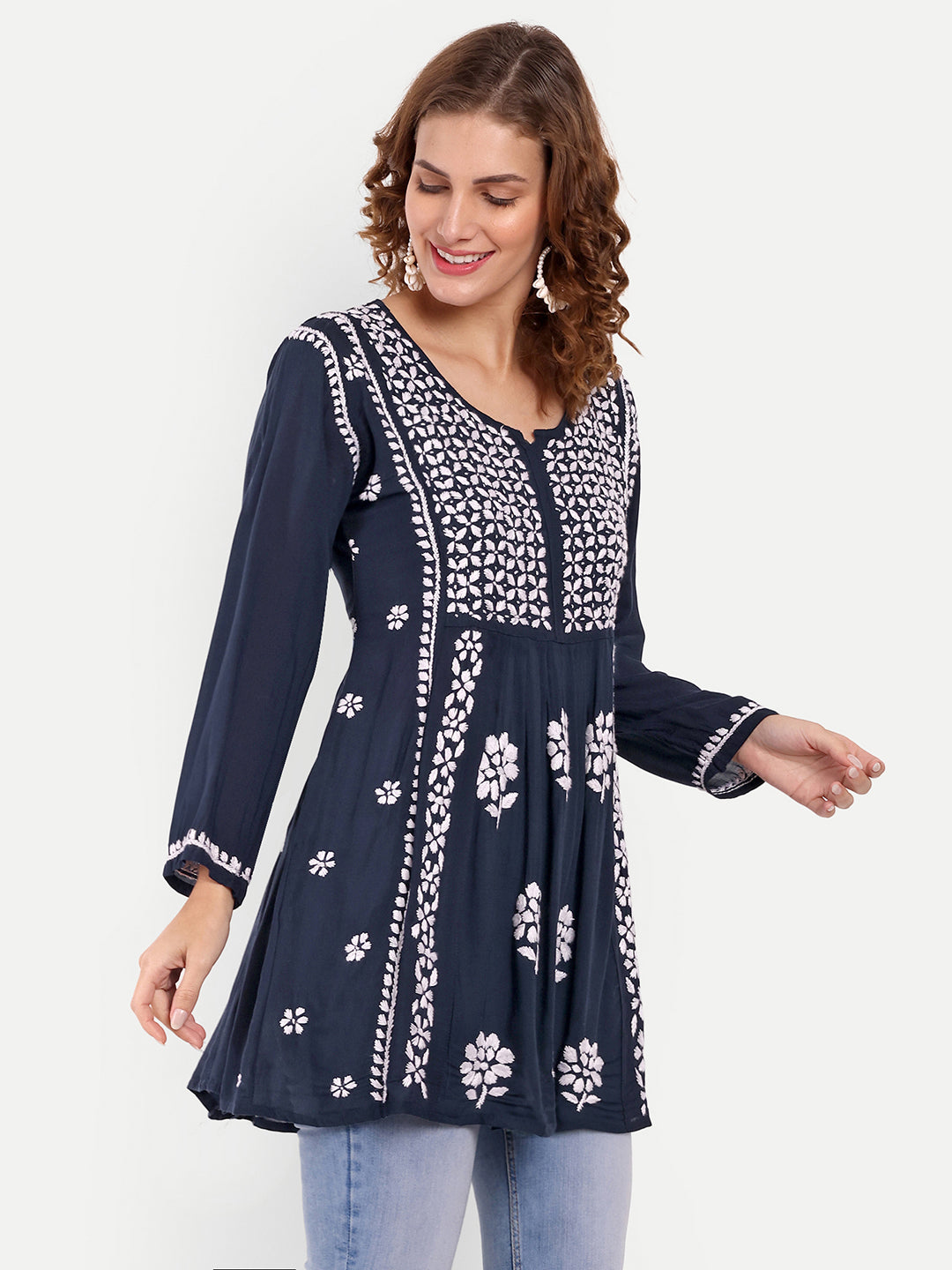 Lucknow Chikankari Hand Embroidered Peplum Fit and Flared Top Short Kurta