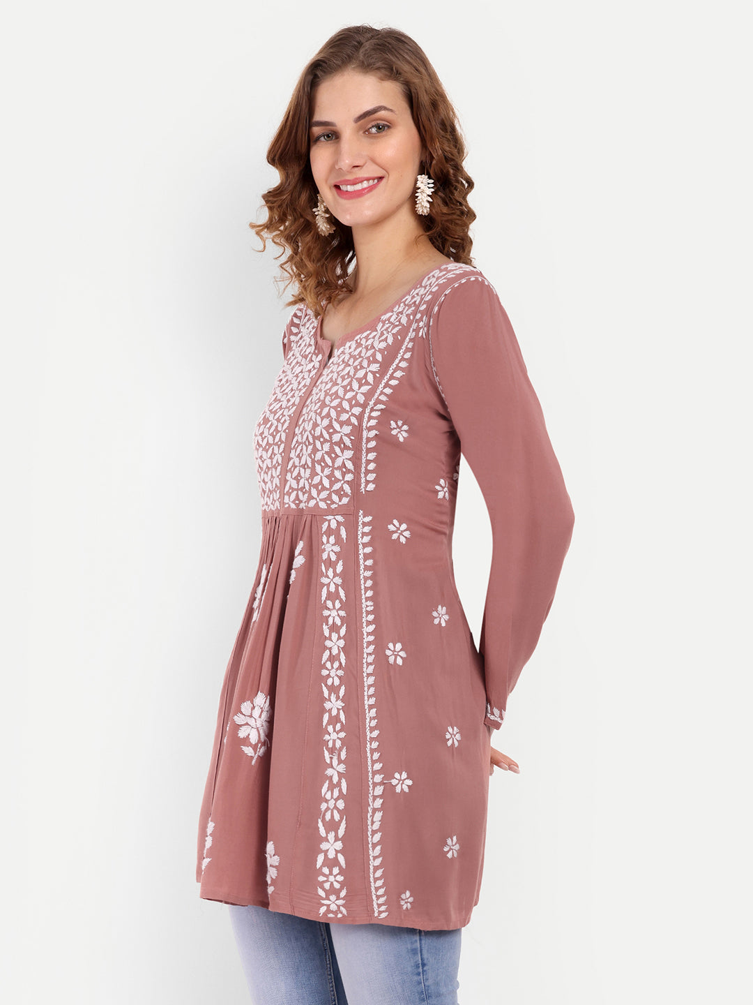 Lucknow Chikankari Hand Embroidered Peplum Fit and Flared Top Short Kurta