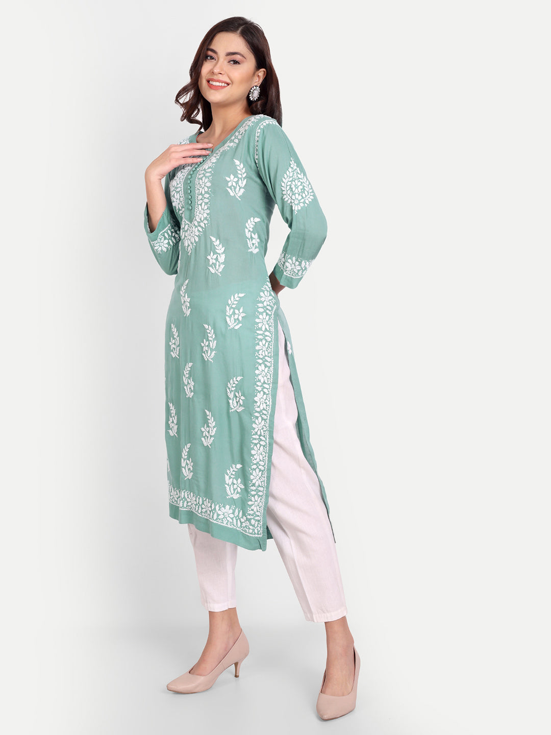 Lucknow Chikankari Hand Embroidered Long kurta for Women  Modal Cotton