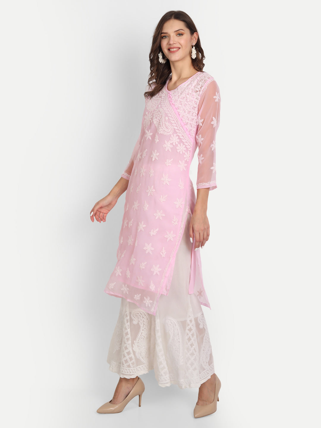 Lucknow Chikankari Hand Embroidered Long Kurta Set with Sharara and matching Slip