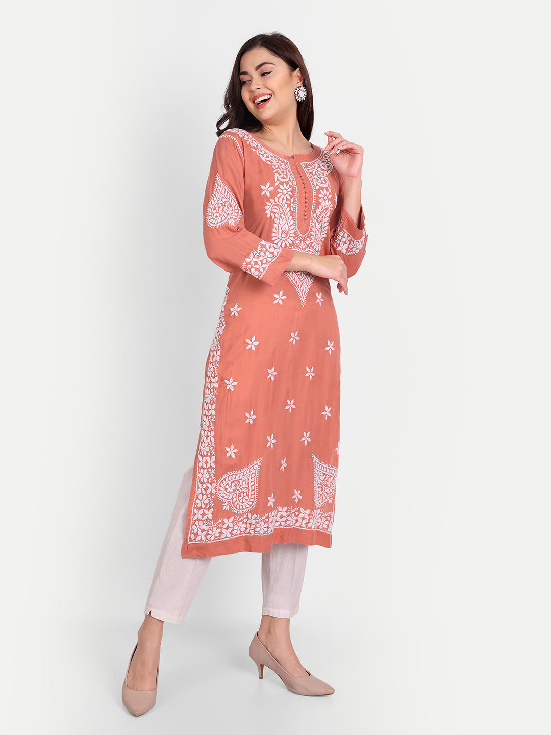 Lucknow Chikankari Hand Embroidered Long kurta for Women  Modal Cotton