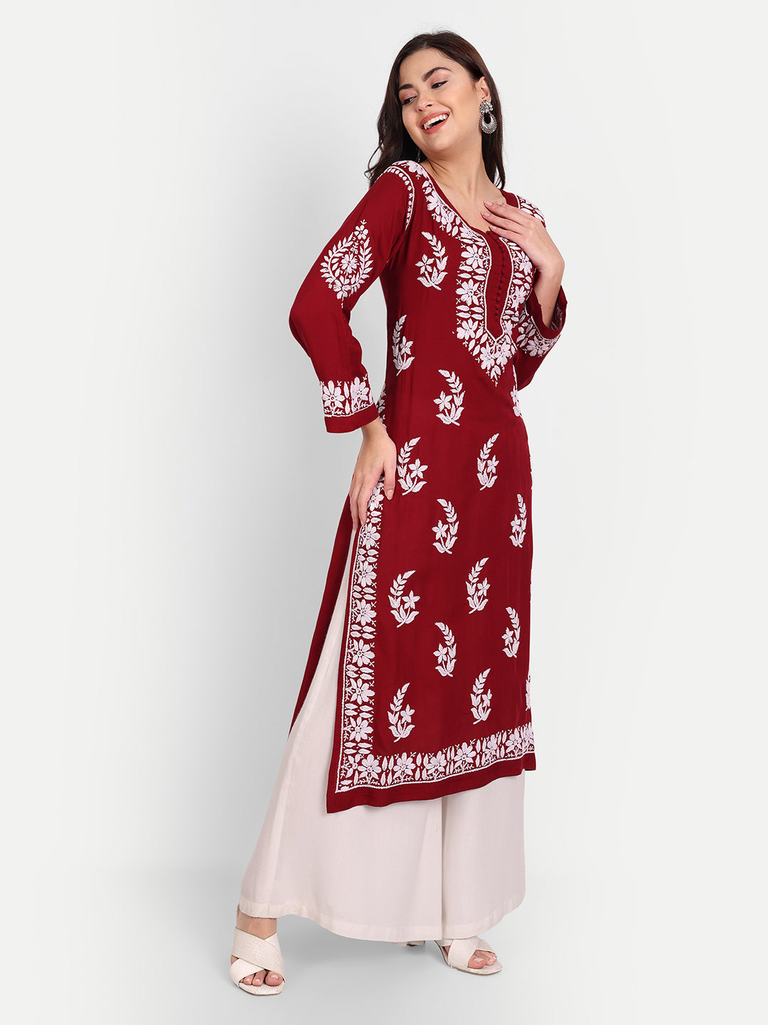 Lucknow Chikankari Hand Embroidered Long kurta for Women  Modal Cotton