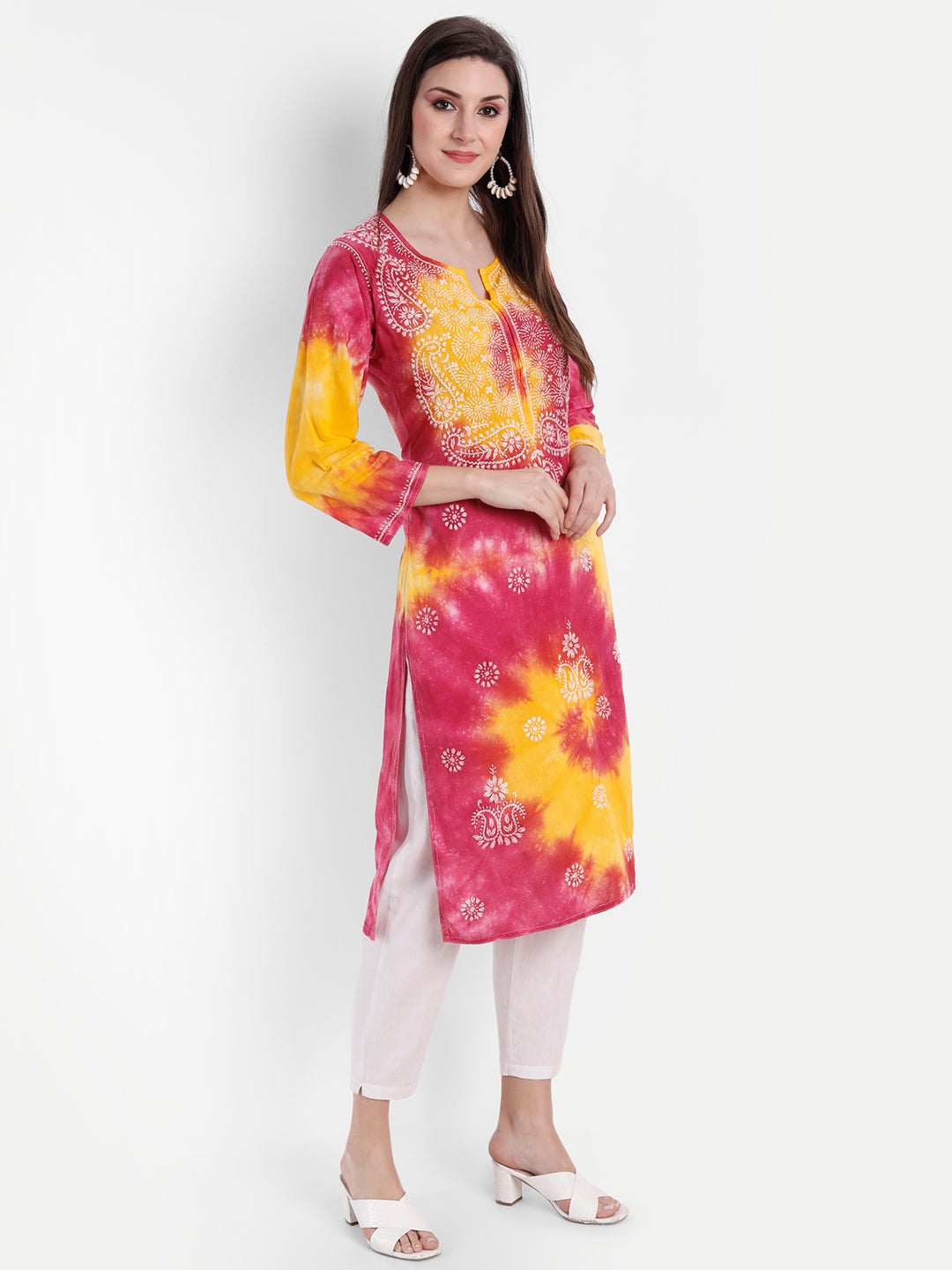 Lucknow Chikankari Hand Embroidered Tie Dye Long Kurtia Cotton