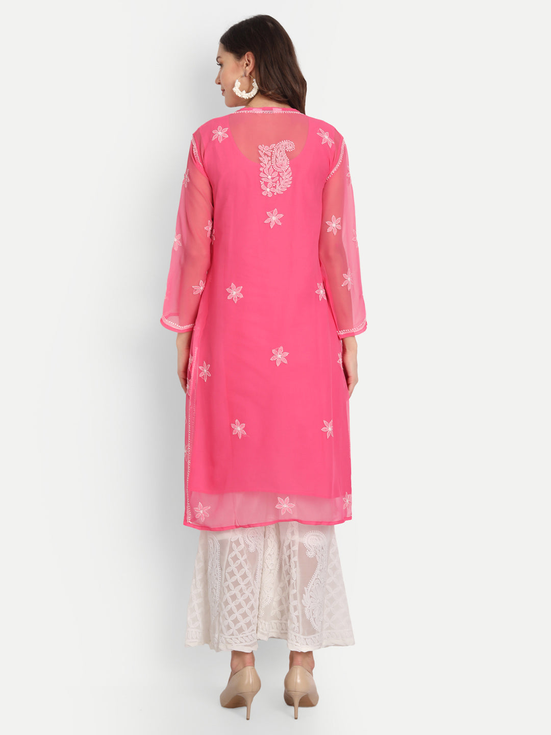 Lucknow Chikankari Hand Embroidered Long Kurta Set with Sharara and matching Slip