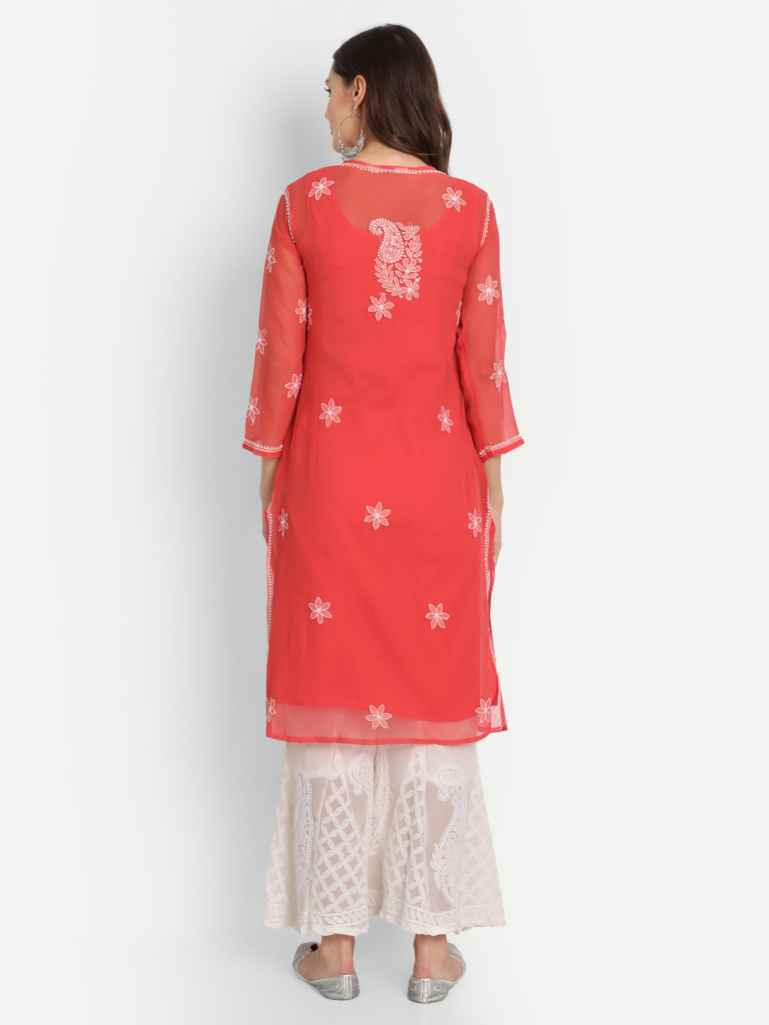 Lucknow Chikankari Hand Embroidered Long Kurta Set with Sharara and matching Slip