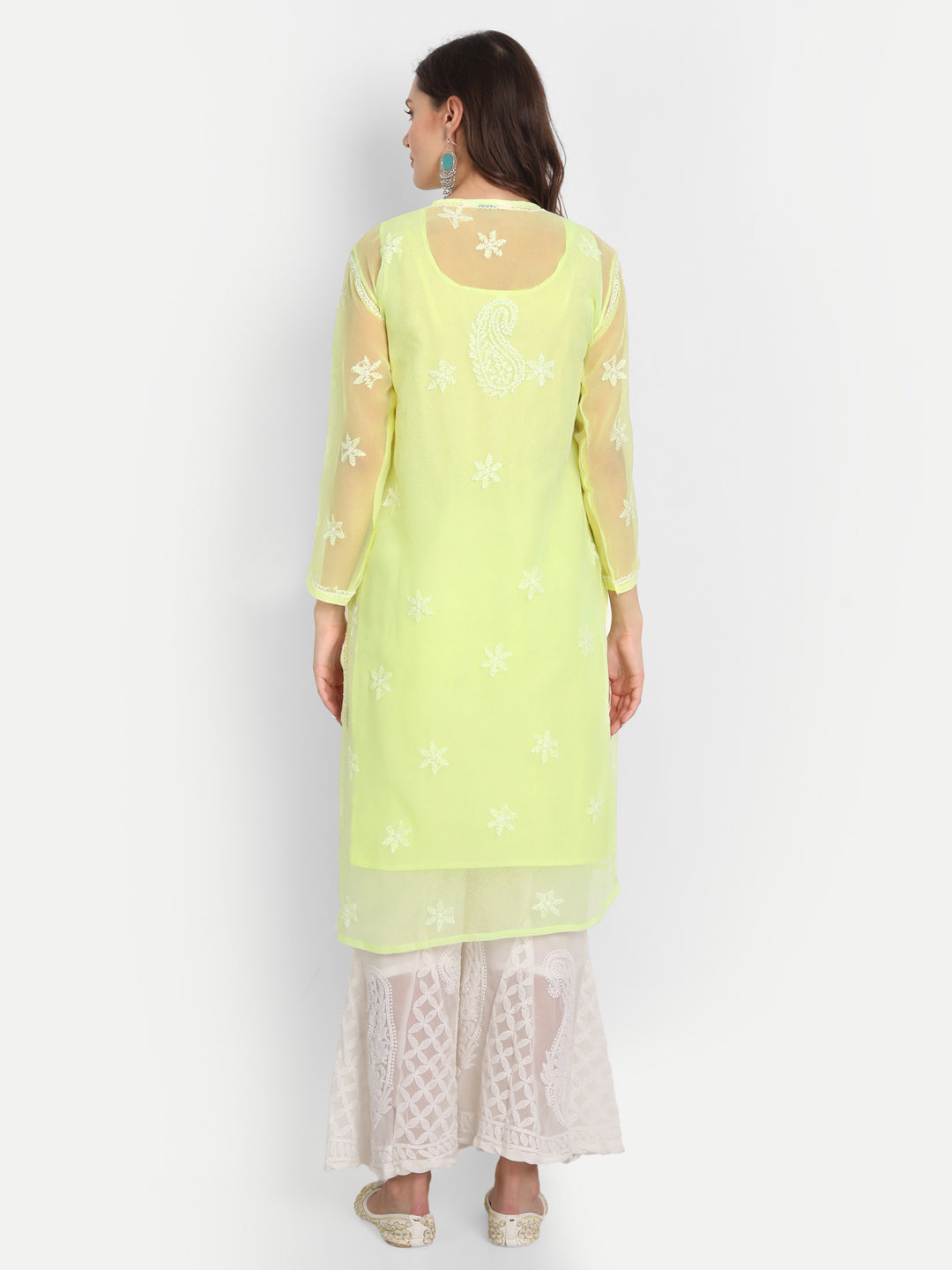 Lucknow Chikankari Hand Embroidered Long Kurta Set with Sharara and matching Slip