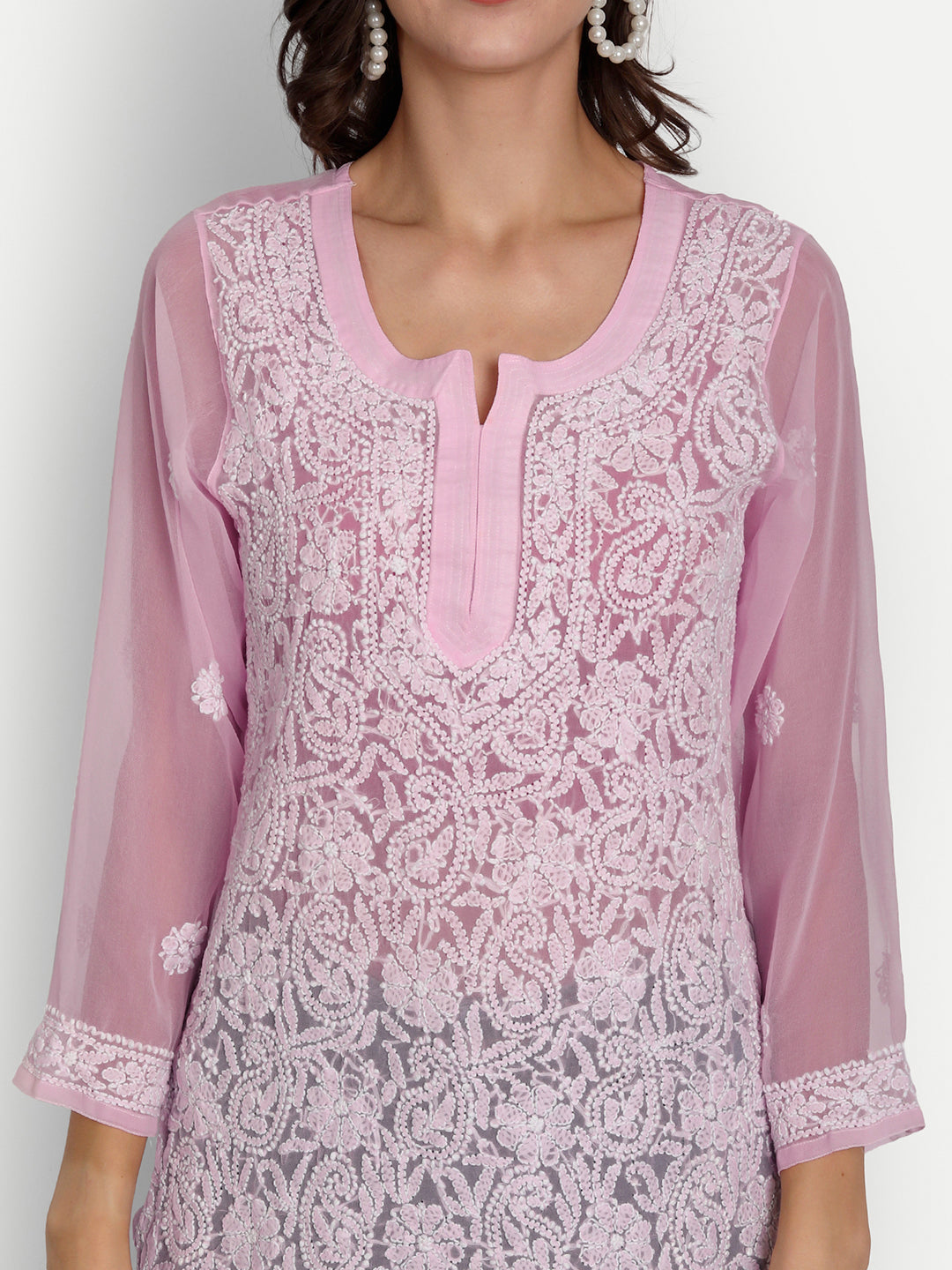 Lucknow Chikankari Hand Embroidered Top Georgette Pink