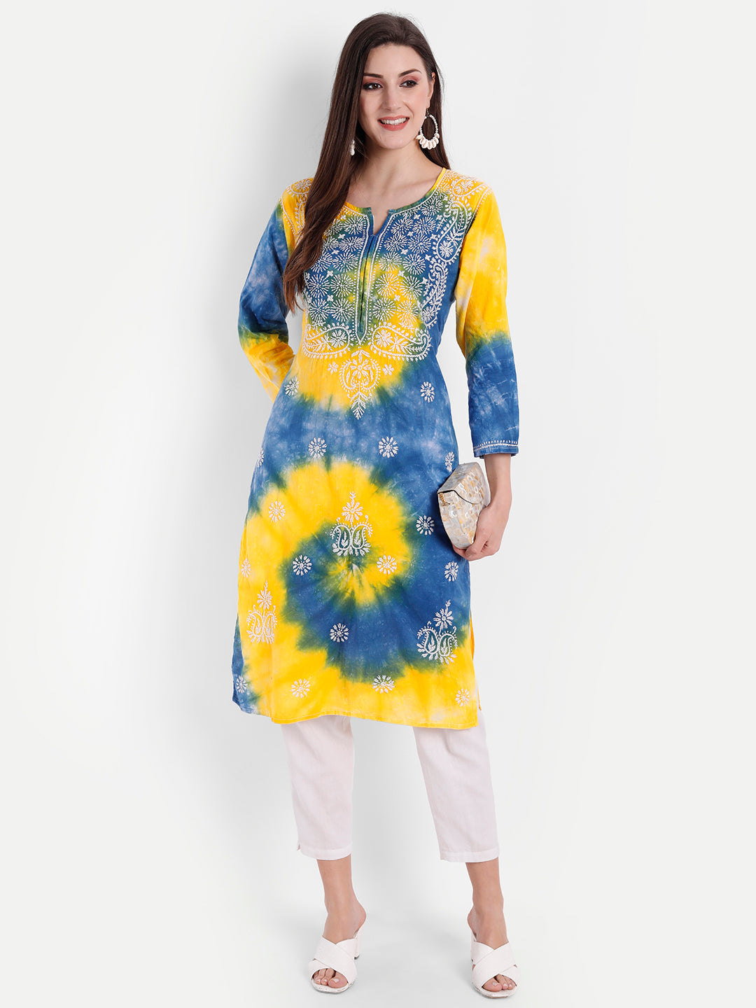 Lucknowi Chikankari Hand Embroidered Tie Dye Long Kurta