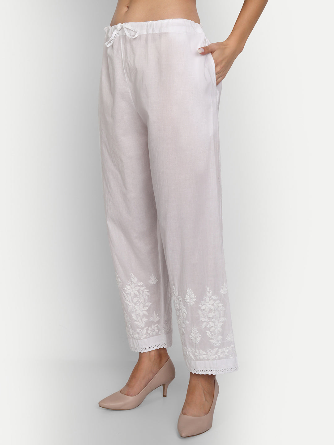 Ethnic Girls Full Chikankari Free Size White Cotton Palazzo Pants | eBay
