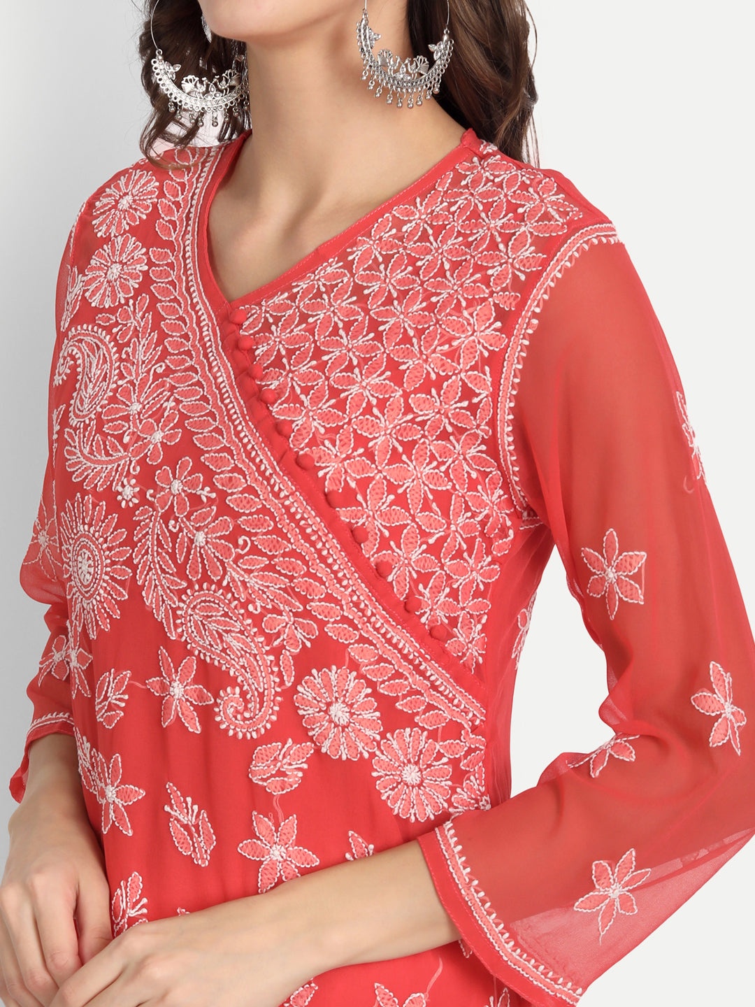 Lucknow Chikankari Hand Embroidered Long Kurta Set with Sharara and matching Slip