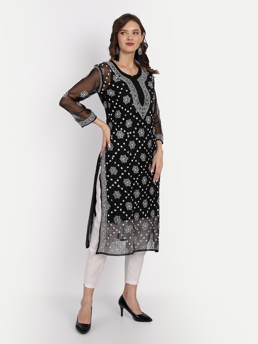 Lucknow Chikankari Hand Embroidered Kurta with Matching Inner, Georgette