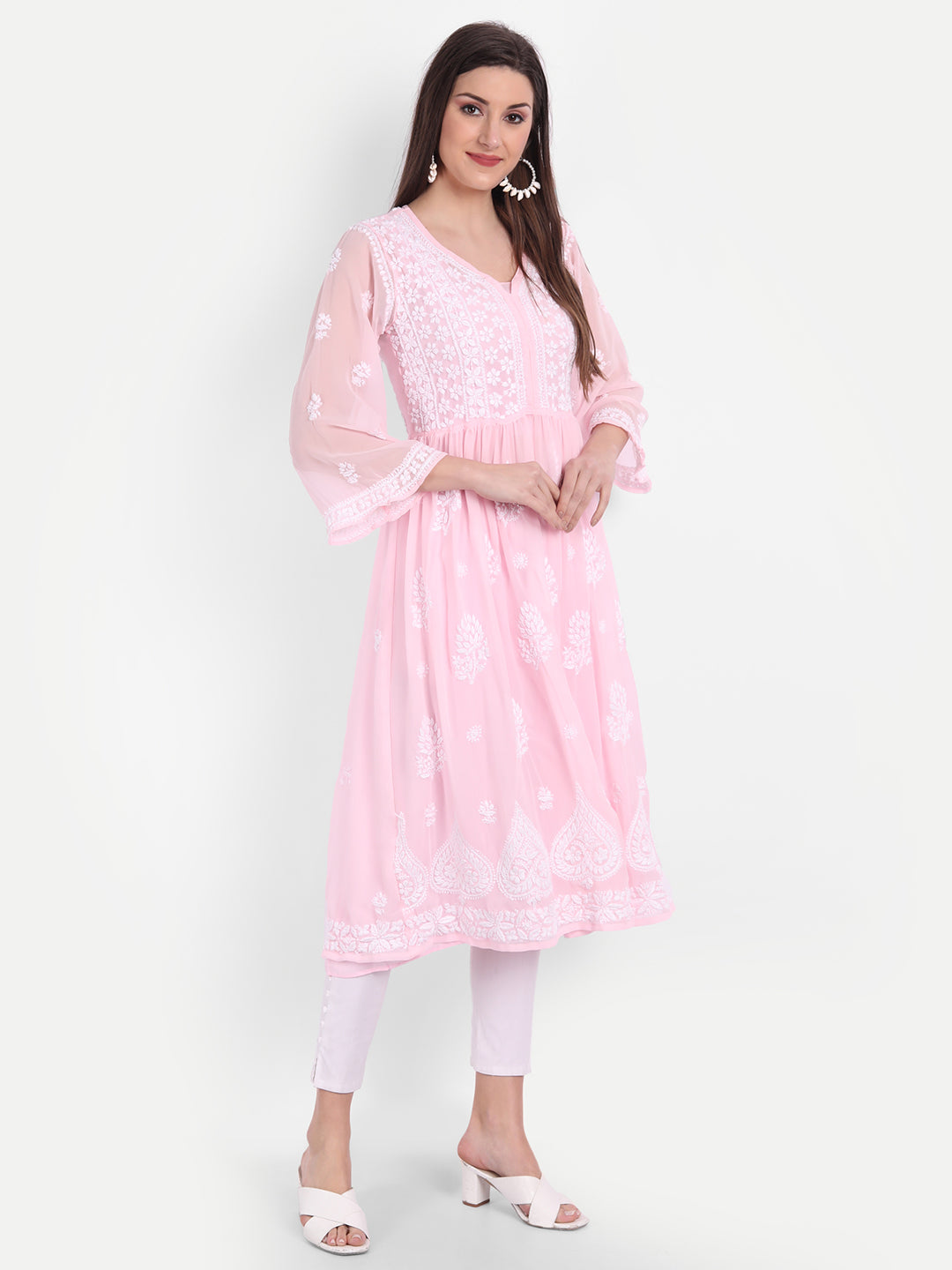 Lucknow Chikankari Hand Embroidered Fit & Flare Kurti with Matching Inner, Georgette