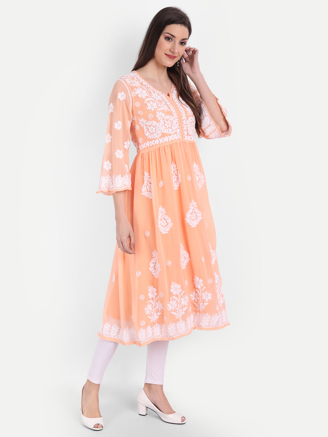 Lucknow Chikankari Hand Embroidered Fit & Flare Kurti with Matching Inner, Georgette