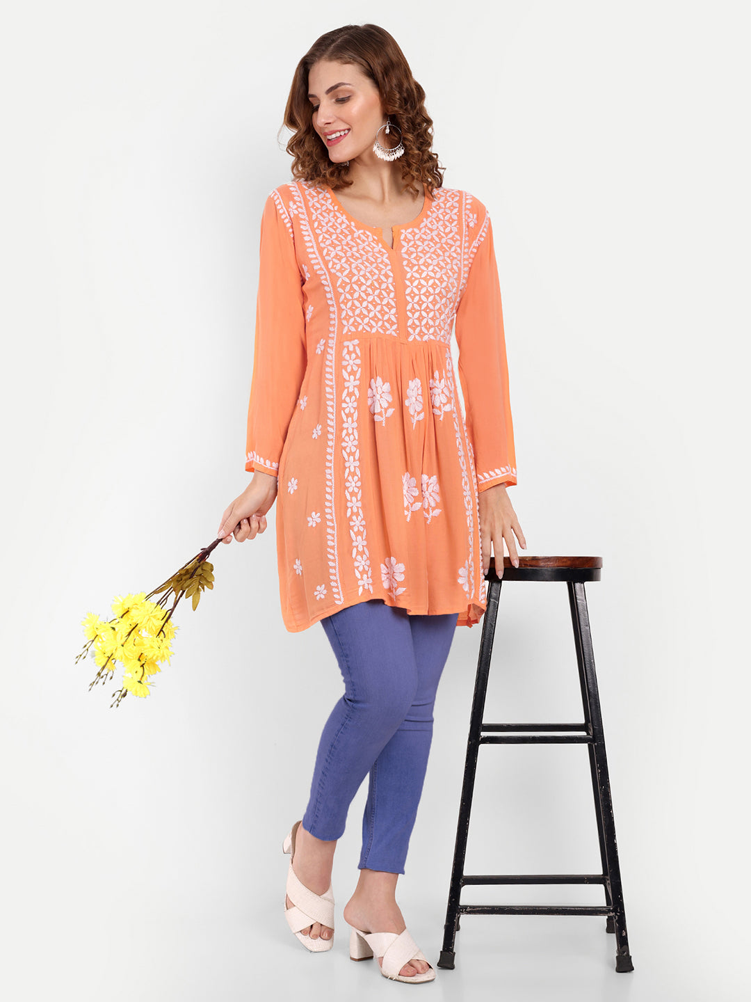 Lucknow Chikankari Hand Embroidered Peplum Fit and Flared Top Short Kurta