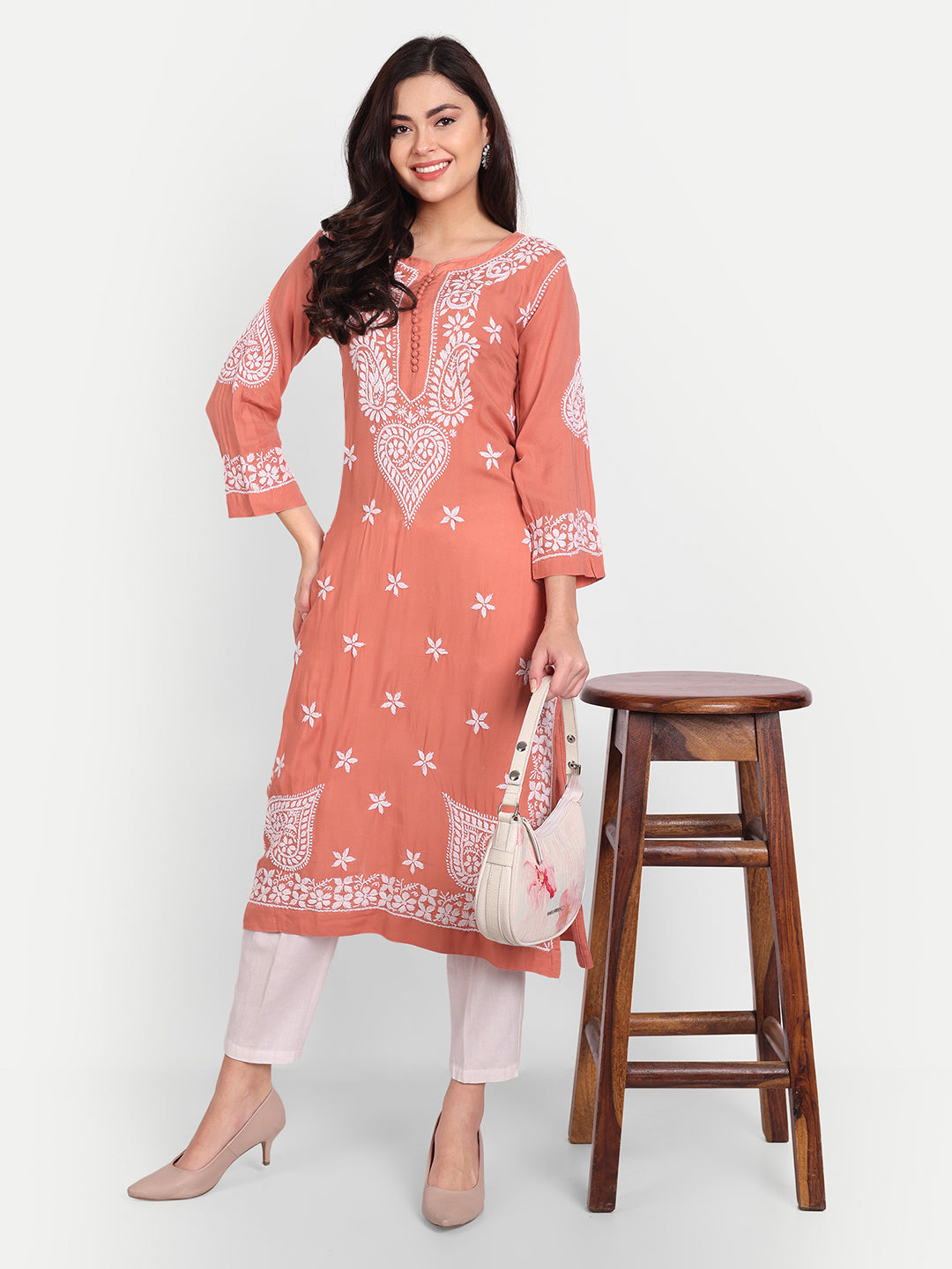 Lucknow Chikankari Hand Embroidered Long kurta for Women  Modal Cotton