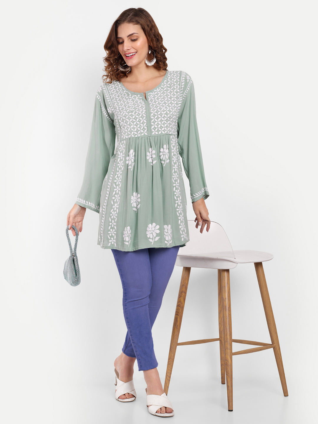 Lucknow Chikankari Hand Embroidered Peplum Fit and Flared Top Short Kurta