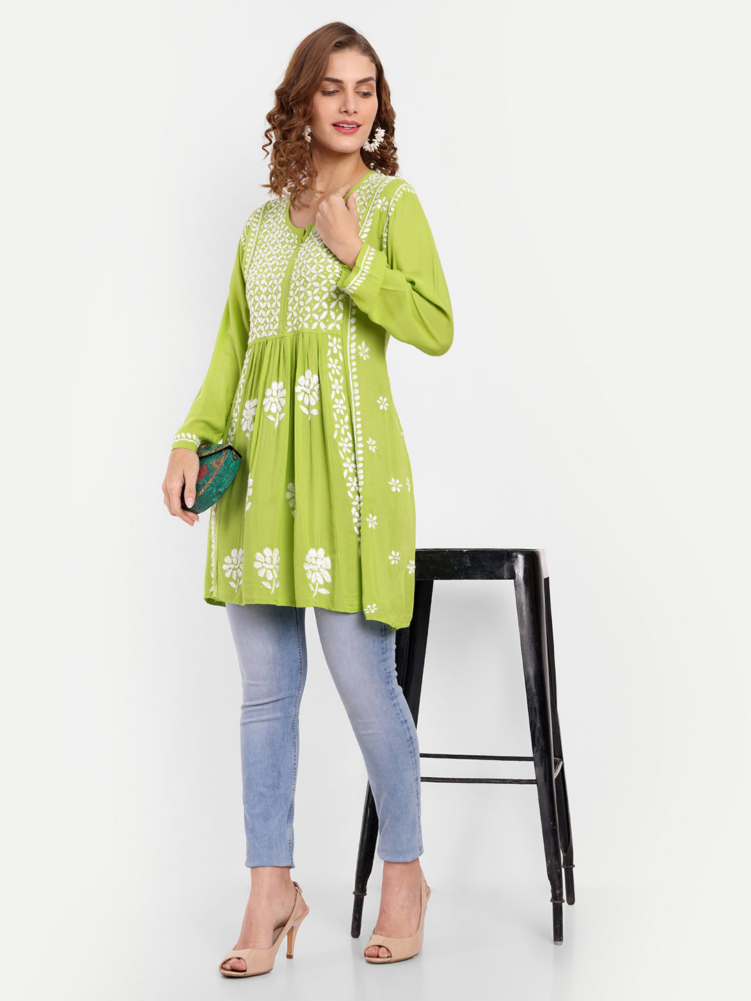 Lucknow Chikankari Hand Embroidered Peplum Fit and Flared Top Short Kurta