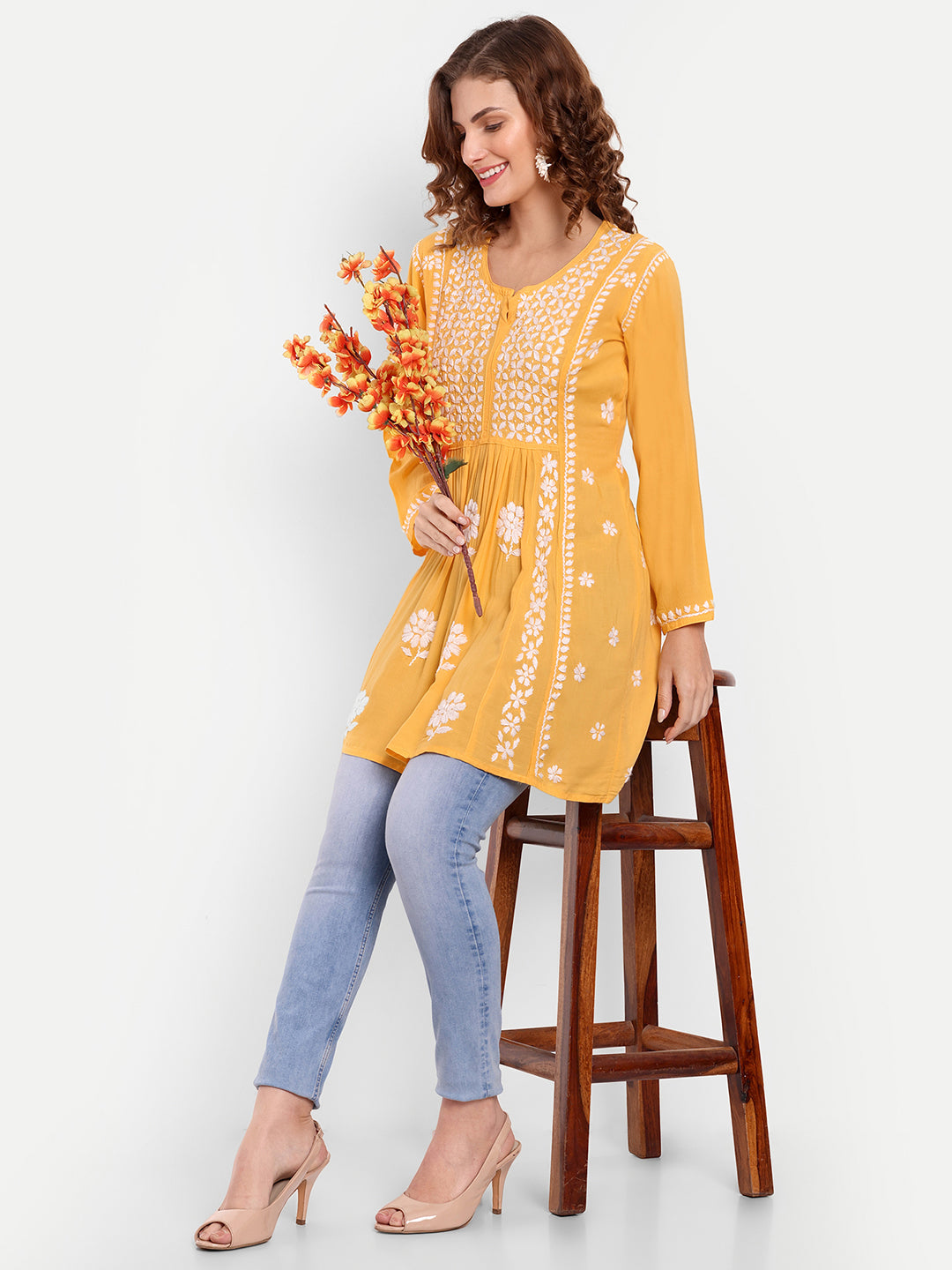 Lucknow Chikankari Hand Embroidered Peplum Fit and Flared Top Short Kurta