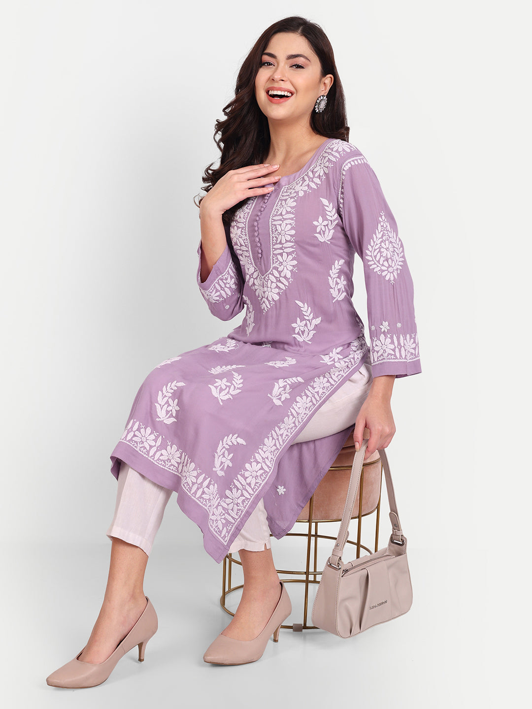 Lucknow Chikankari Hand Embroidered Long kurta for Women  Modal Cotton