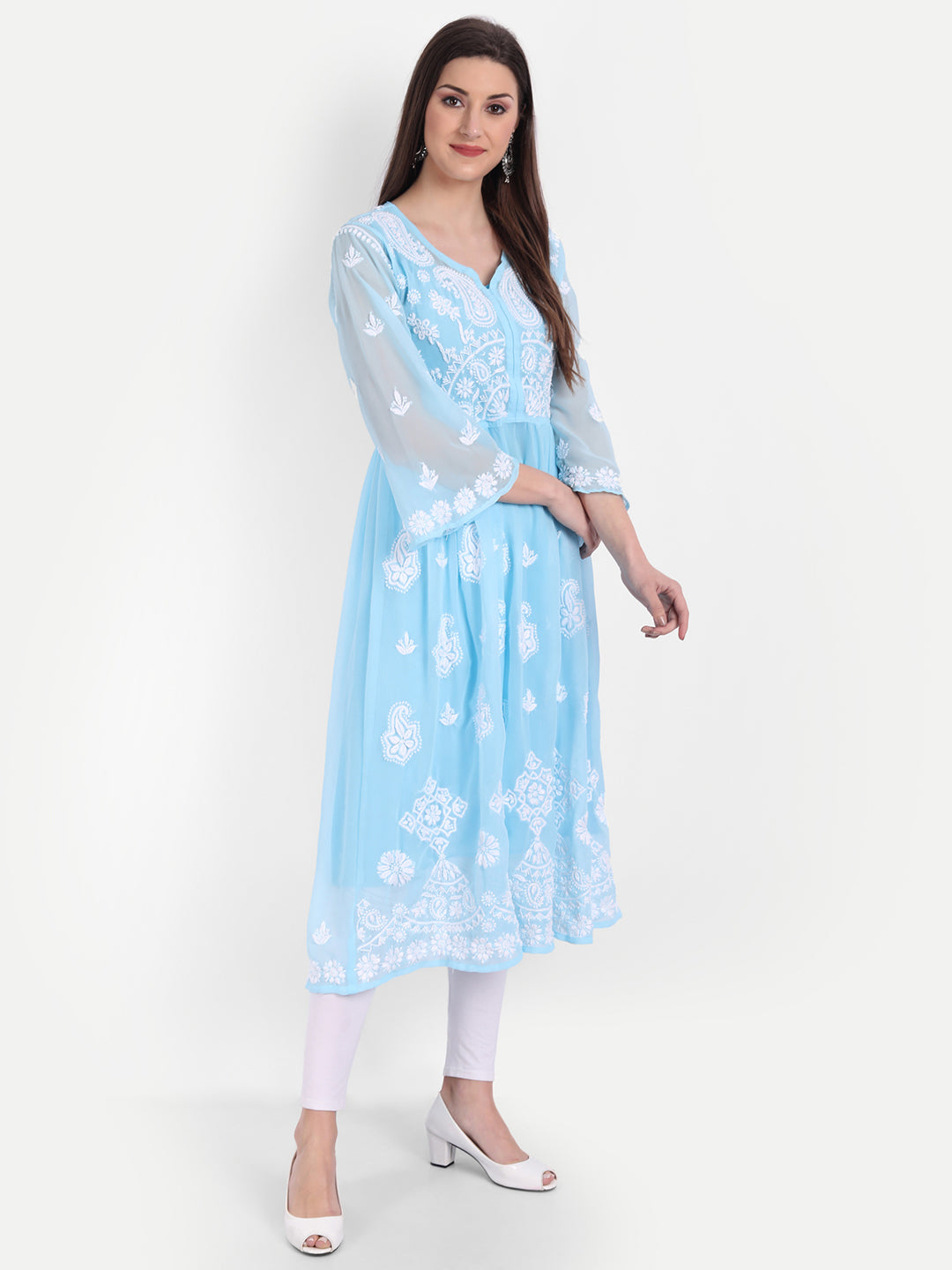 Lucknow Chikankari Hand Embroidered Fit & Flare Kurti with Matching Inner, Georgette